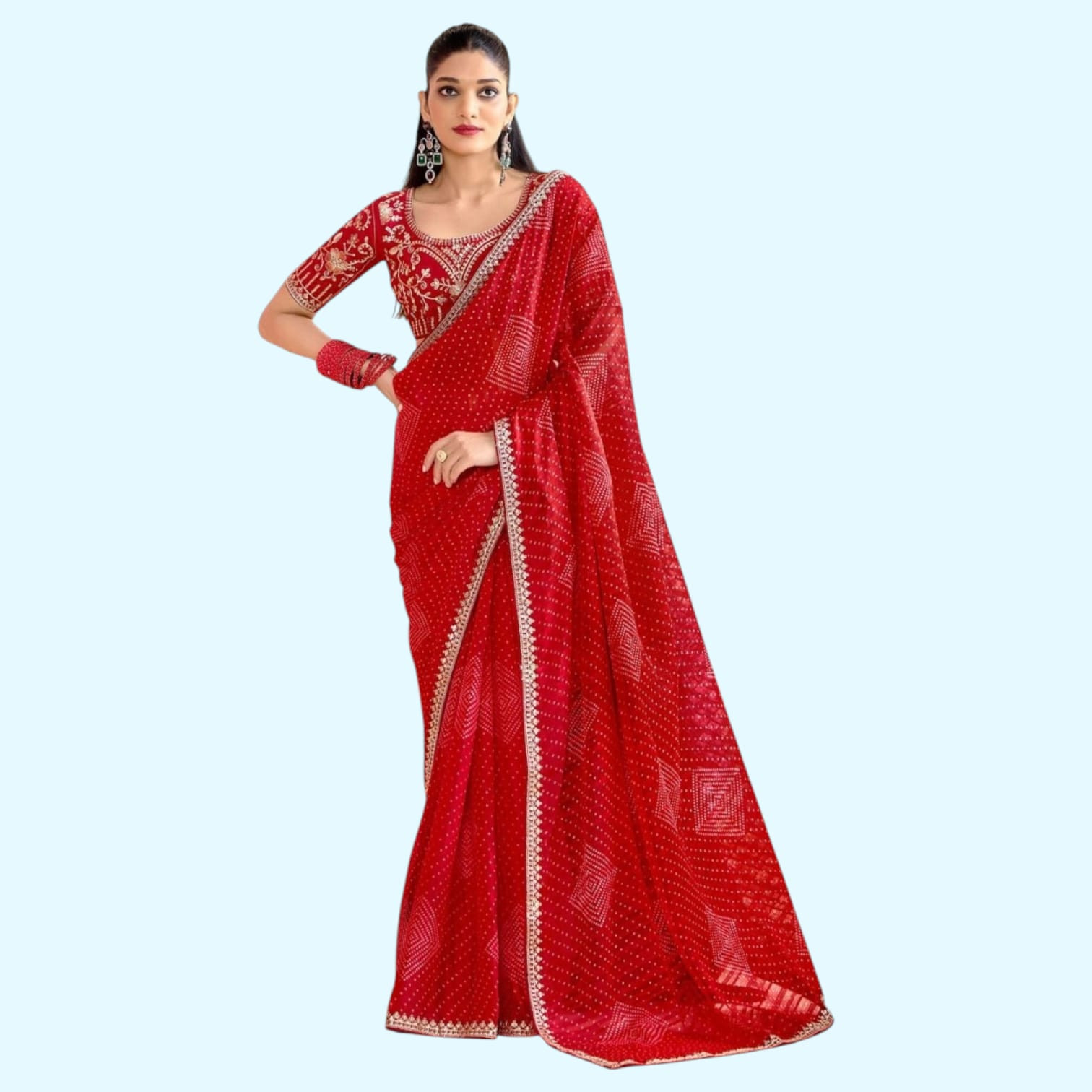 Red Bandhni Embroidered Moss Chiffon Saree
