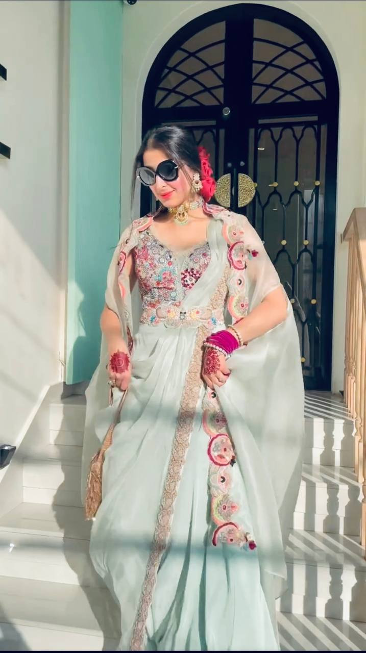 Fox Georgette Designer Koti Set – Embroidered Koti with Palazzo, Blouse & Dupatta