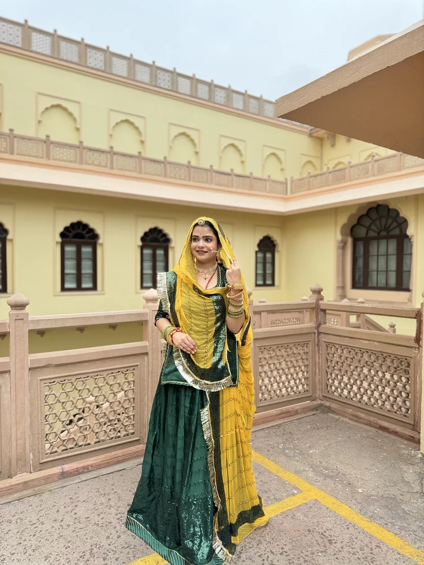 Green Glamour Rajputi Poshak with contrast Odhna