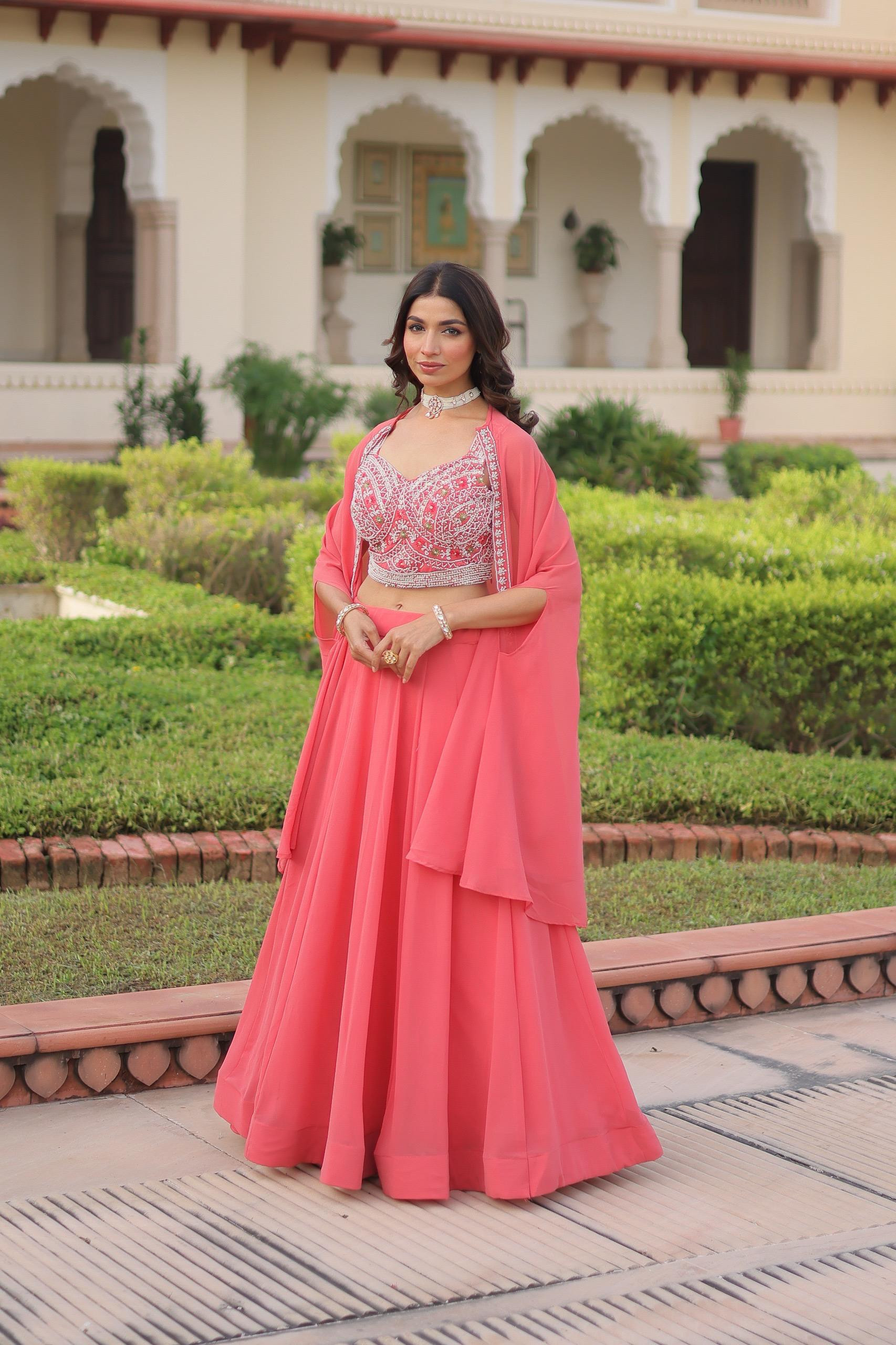 Elegant Faux Georgette Lehenga Choli with Embroidered Koti Set for Women