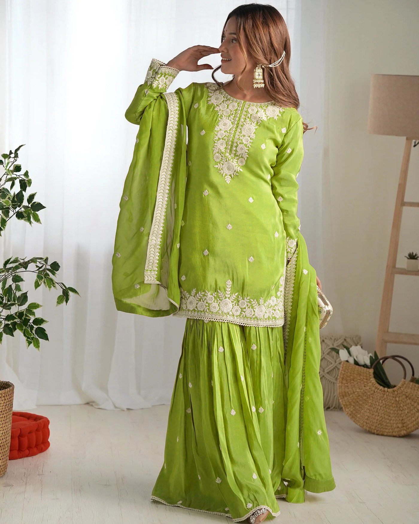Ista Saiyaara Light Green Chinon Embroidered Kurta Sharara Dupatta Set