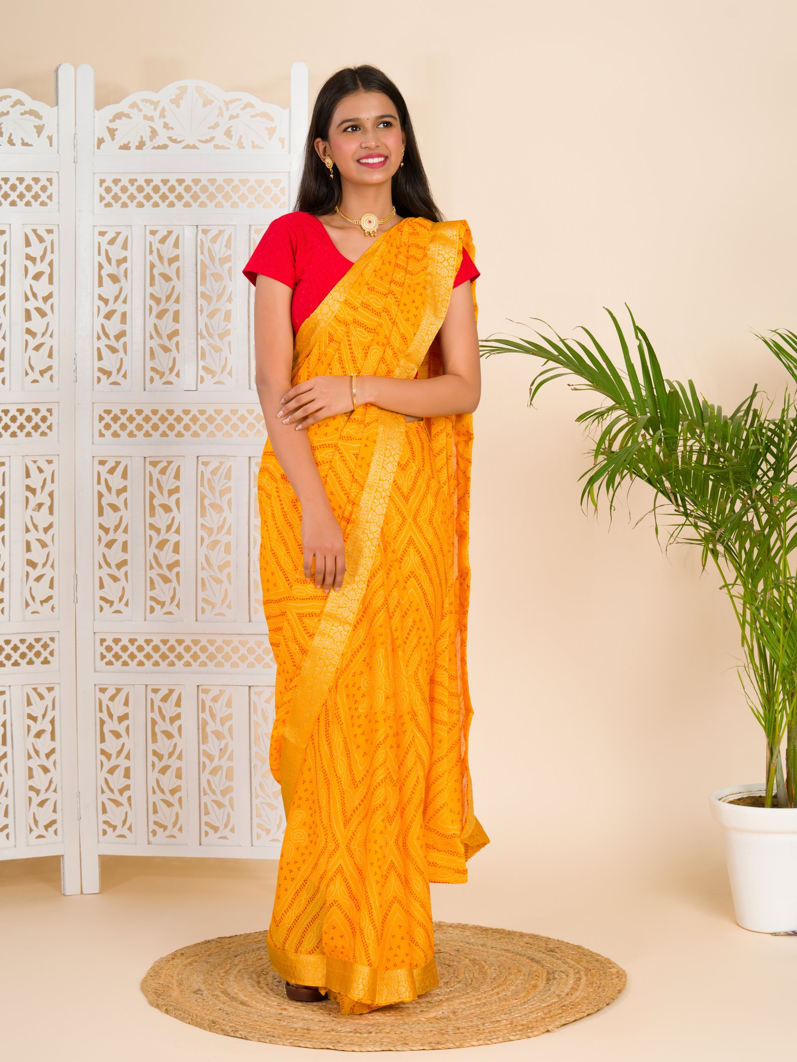 Beautiful Moss Chiffon Georgette Bandhani Sarees Yellow