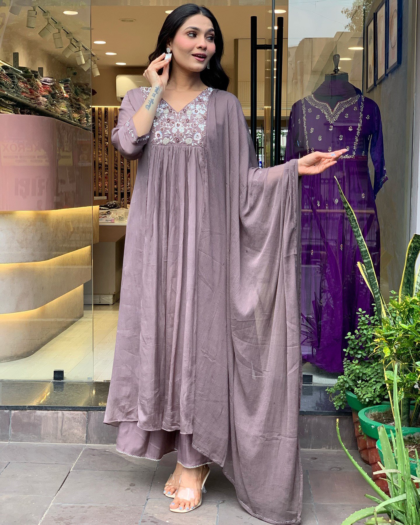 Elegant Women’s Chinon Embroidered Kurta Pant Dupatta Set – Purple, 3/4 Sleeves, Festive & Party Wear