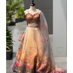 Premium Pure Organza Digital Print Lehenga with Designer Pearl-Moti Shoulder Blouse & Dupatta