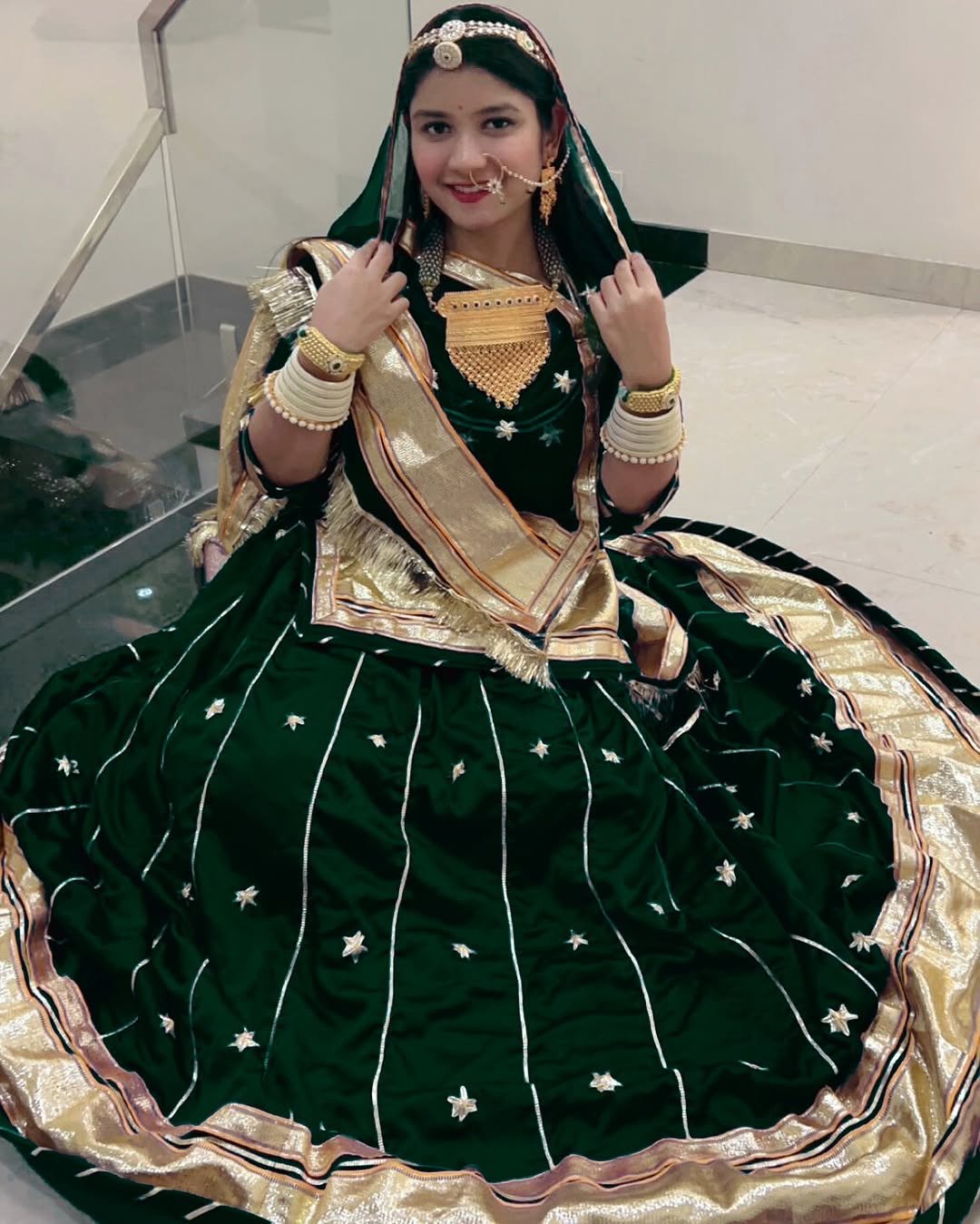 24 Kali Heavy Satin Green Poshak with Humrahi Pure Odhni, Rajasthani Gota & Butti Work