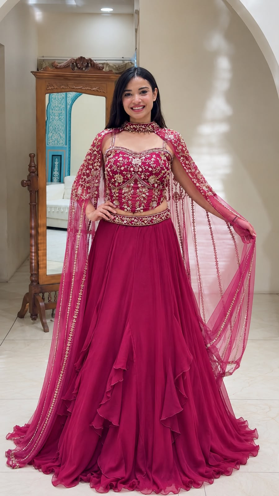 Gajri Colour Sequins Embroidery Lehenga Choli Set