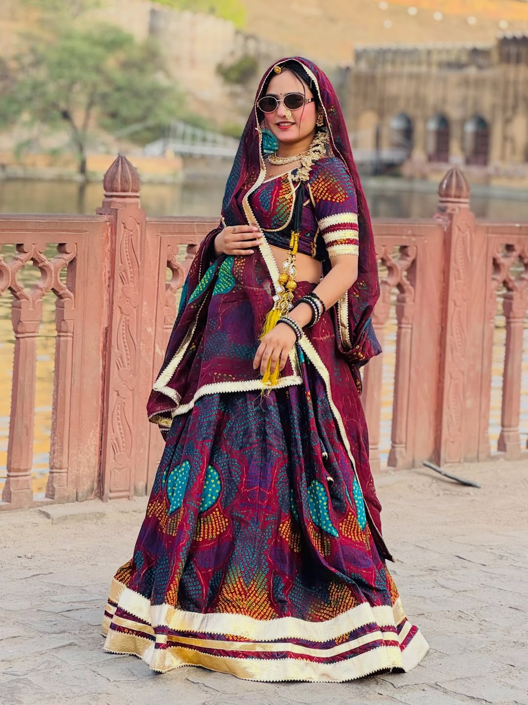Designer Shekhawati Bandhej Lehenga Set with Gota Work & 4 Meter Flair