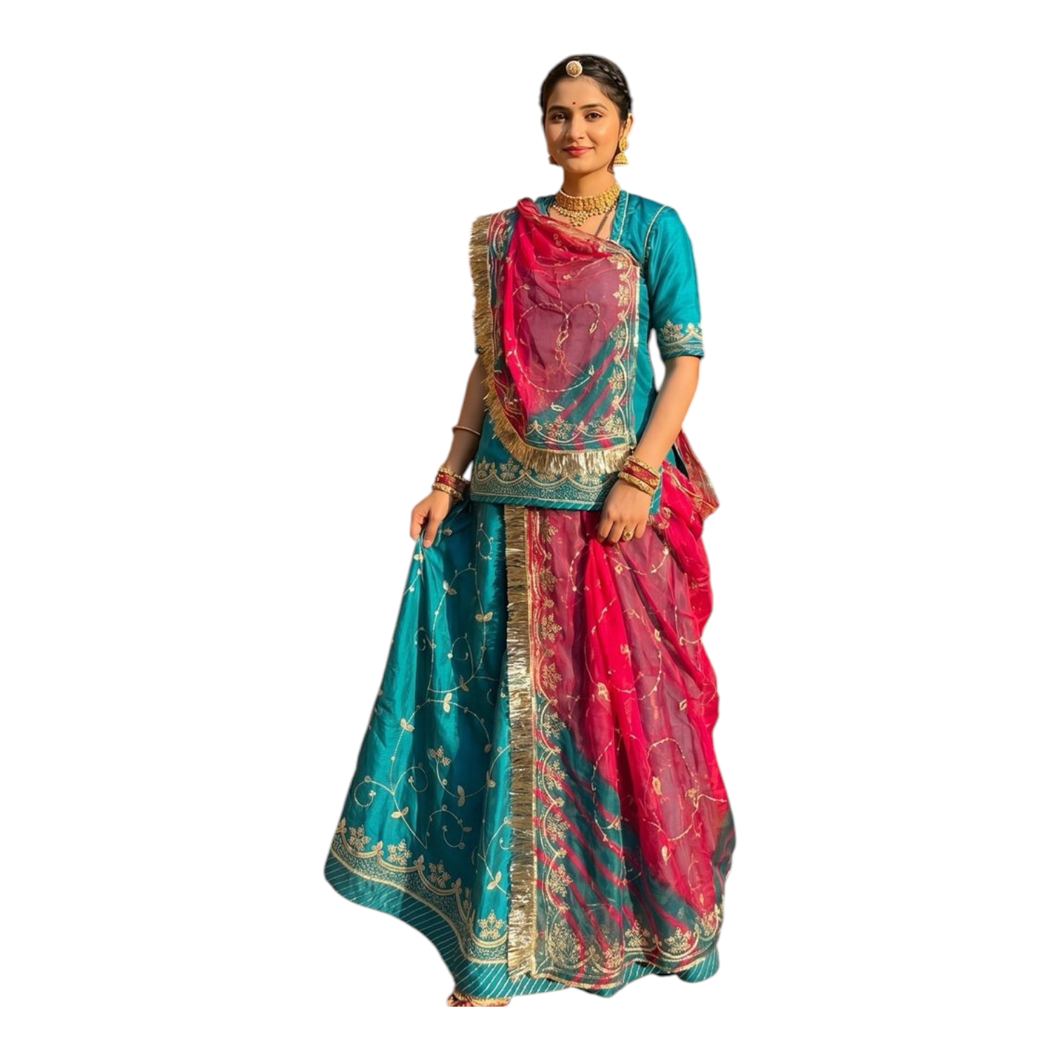 Traditional Rajputi Poshak Cotton Satin Unstitched Suit with Japani Tora Odhna