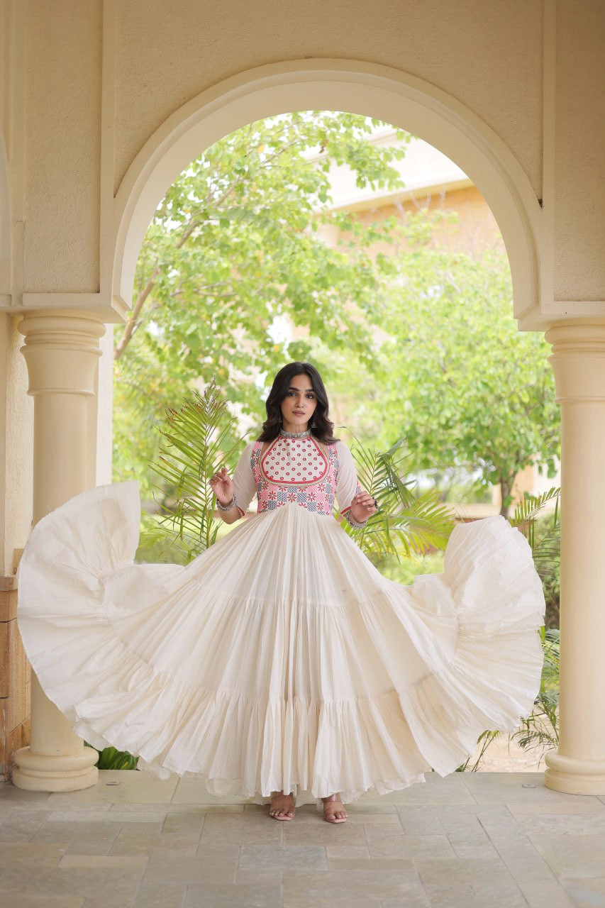 Navratri Special Kora Cotton Multi-Thread Embroidered Real Mirror Work 12 Meter Flair Gown