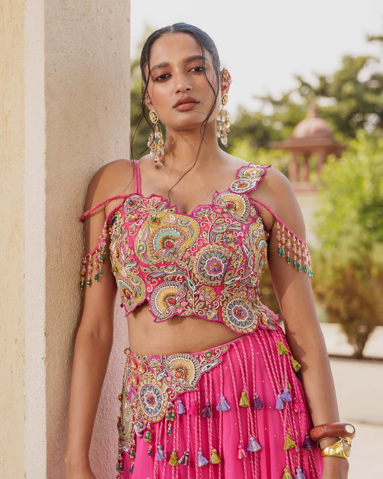 Noorani Pink Vichitra Silk Lehenga Choli Set with Multicolour Thread Embroidery, Sequins & Diamond Work