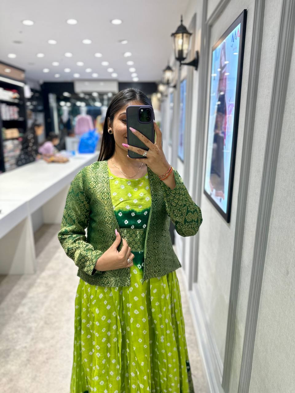 Royal Kanjiveram Silk Bandhani Gown with Koti | 5 Meter Flare Zari Bandhej Dress