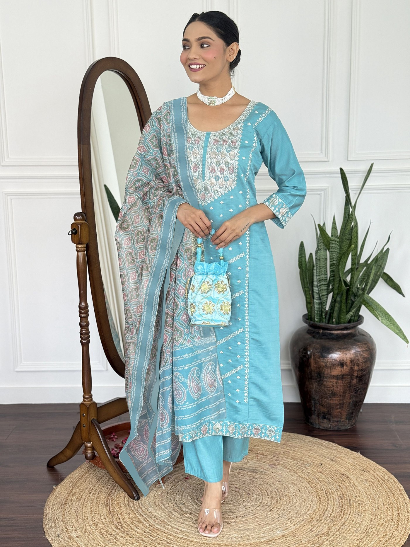 Elegant Sky Blue Vichitra Embroidered Kurta Pant & Chanderi Dupatta Set for Women
