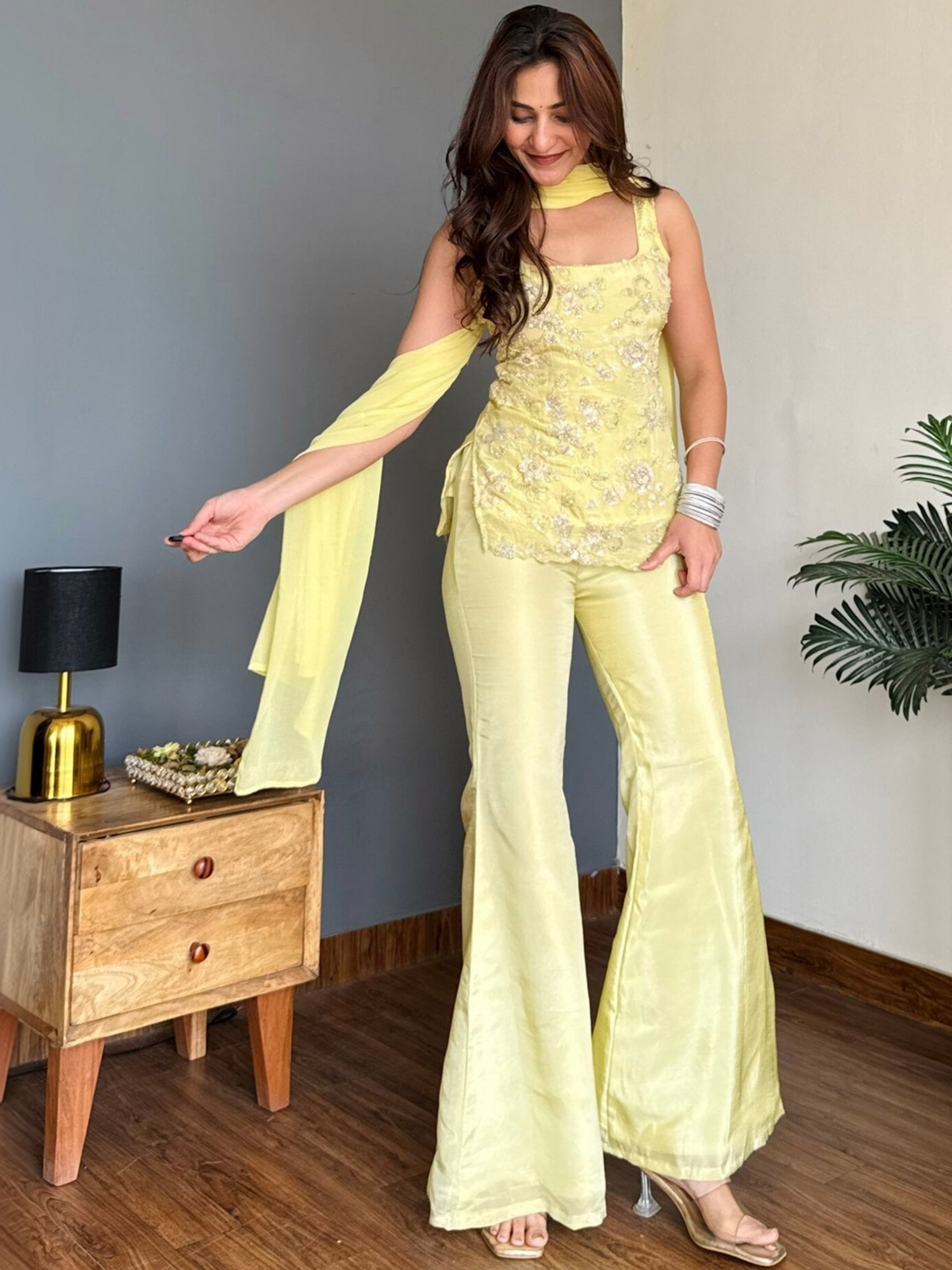 Premium Yellow Faux Georgette Embroidered Kurta Palazzo Set With Dupatta