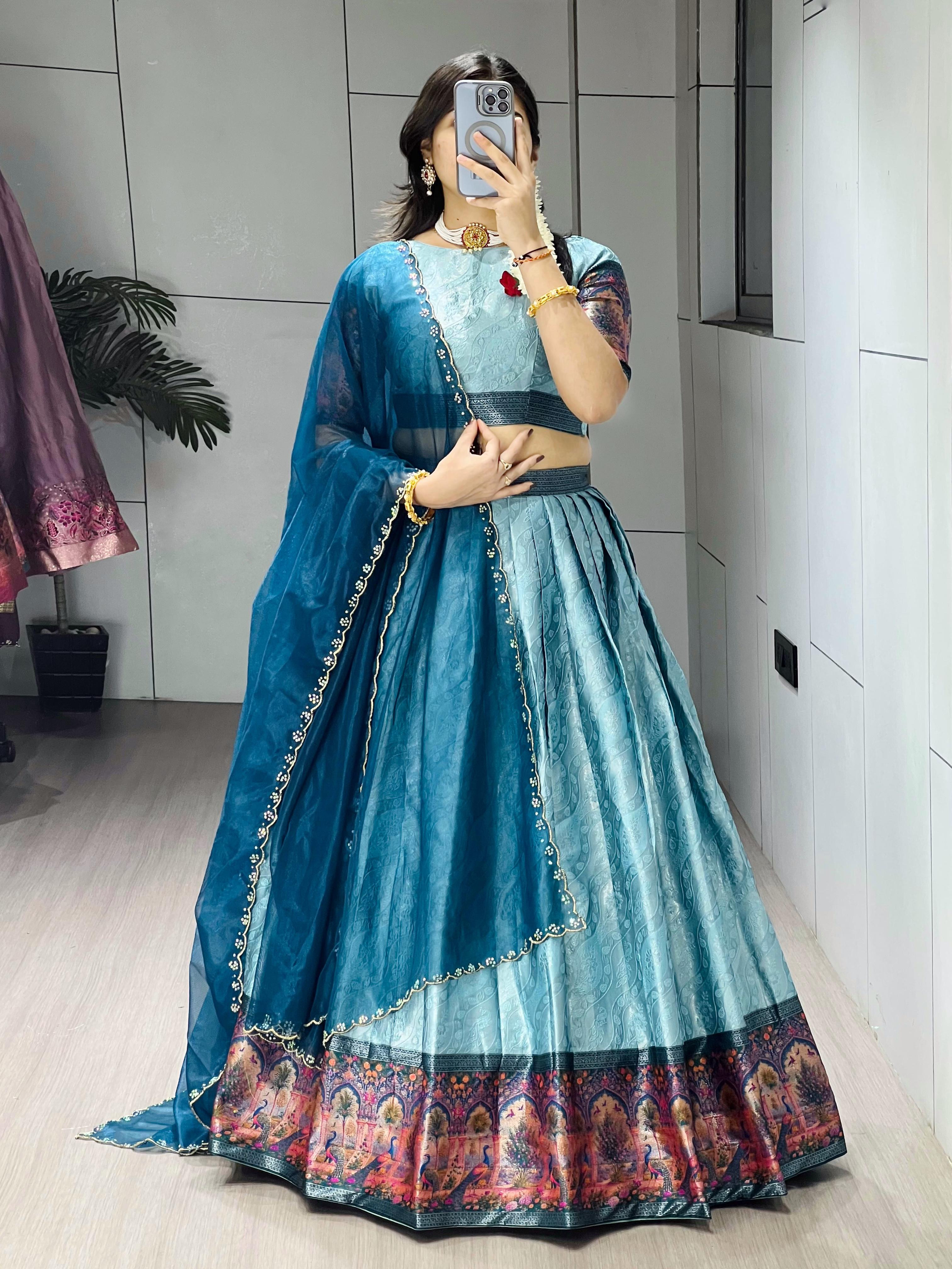 Traditional Zari Weaving Lehenga Choli with Kalamkari Border & Designer Dupatta – Wedding & Festive Wear