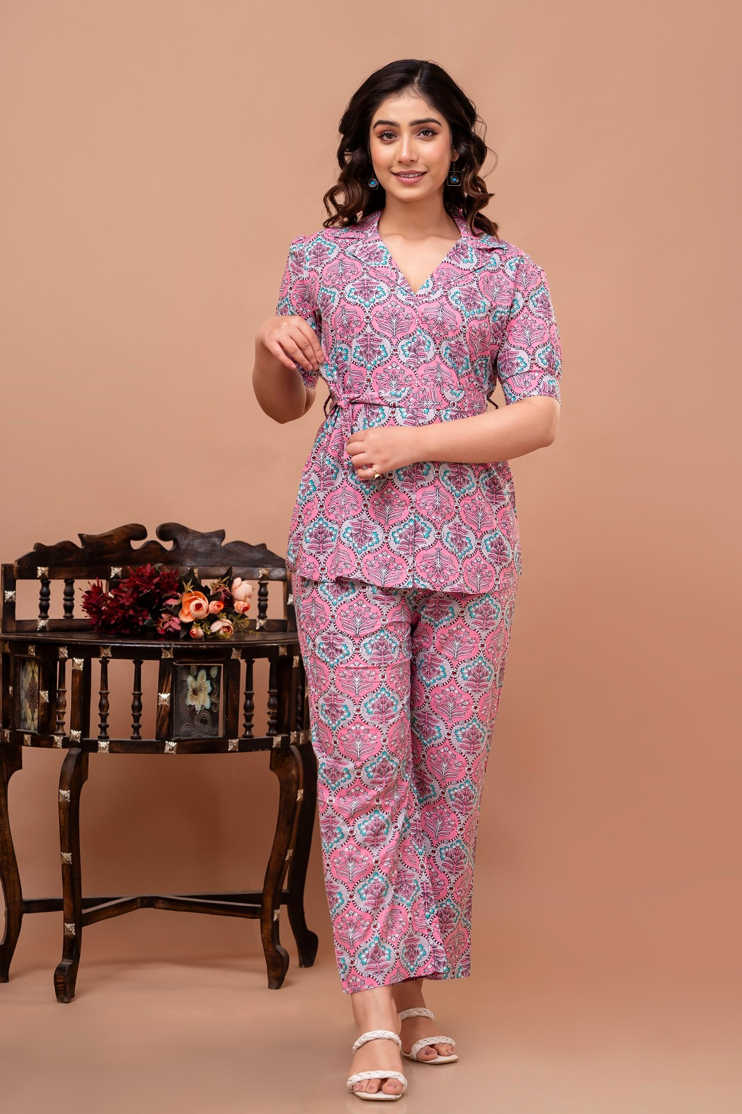 Pink Coloured Women's Pure Cotton Floral Printed Co-ord Sets