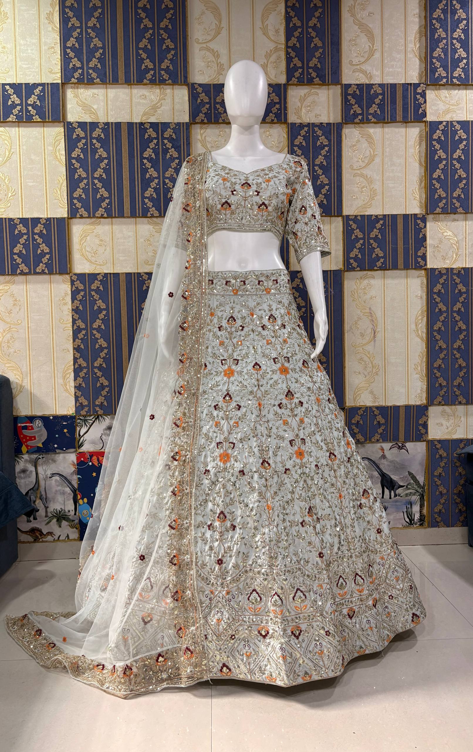 Premium Satin Silk Lehenga Choli with Sequins Embroidery Work & Butterfly Net Dupatta