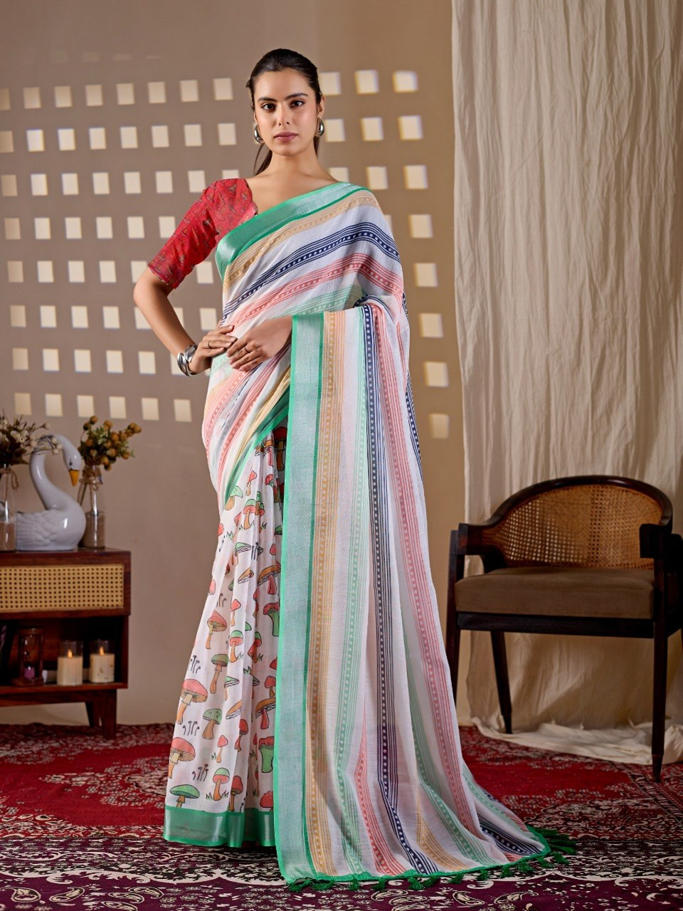 Elegant Multicolor Stripe Linen Cotton Saree with Printed Pallu