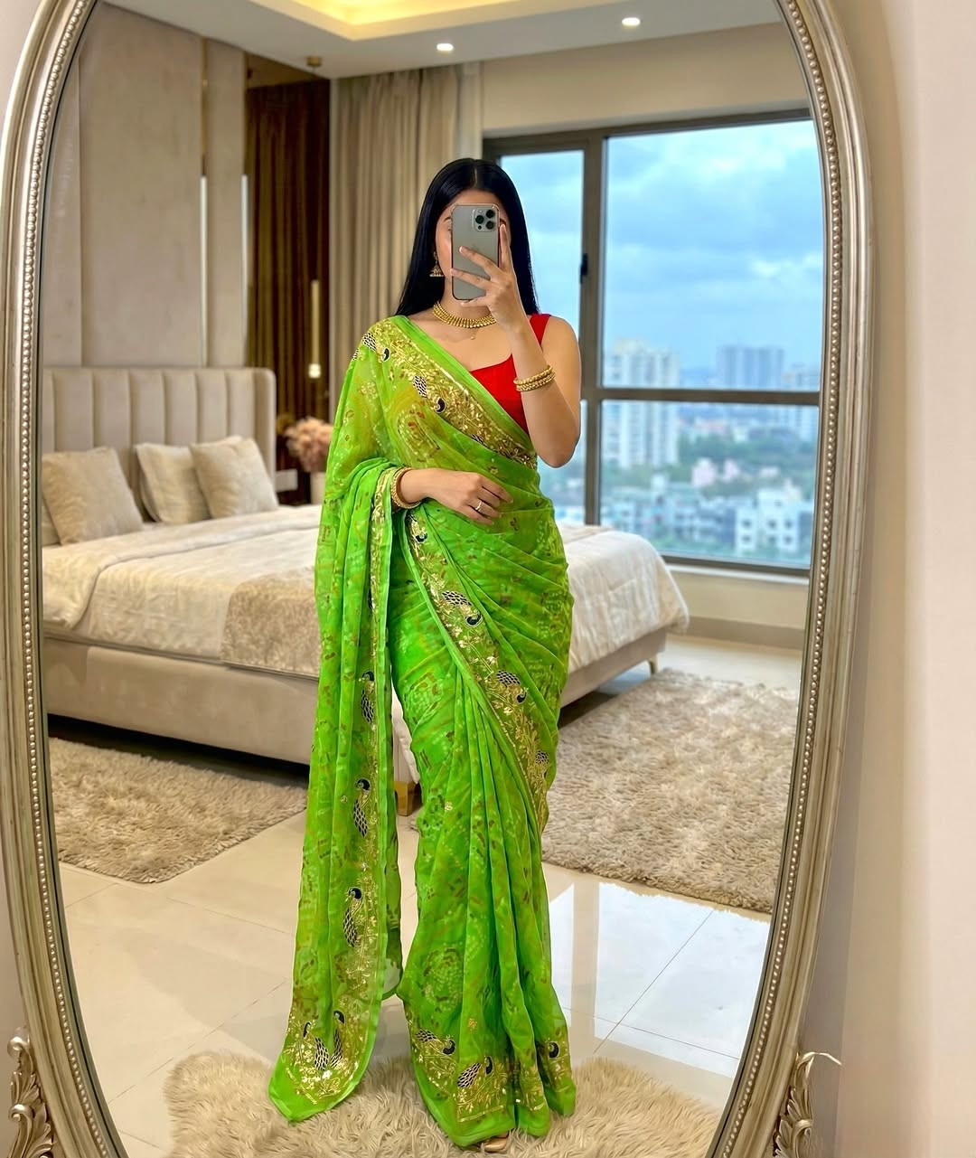 Royal Rajwadi Style Georgette Bhandej Saree with Vintage Sequence & Katdana Work