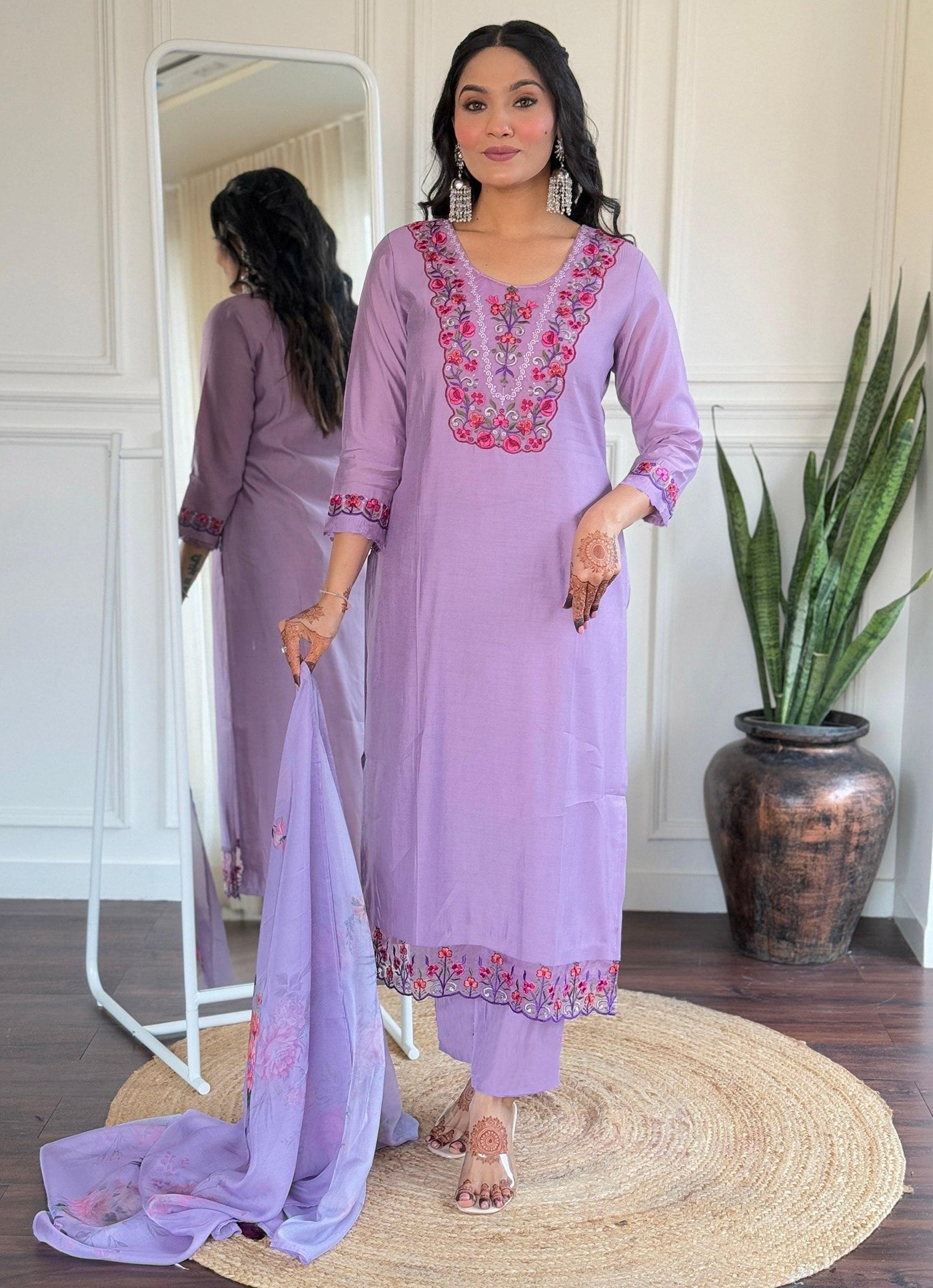Lavender Embroidered Tesla Kurta Pant Dupatta Set for Women | Elegant 3-Piece Festive Wear