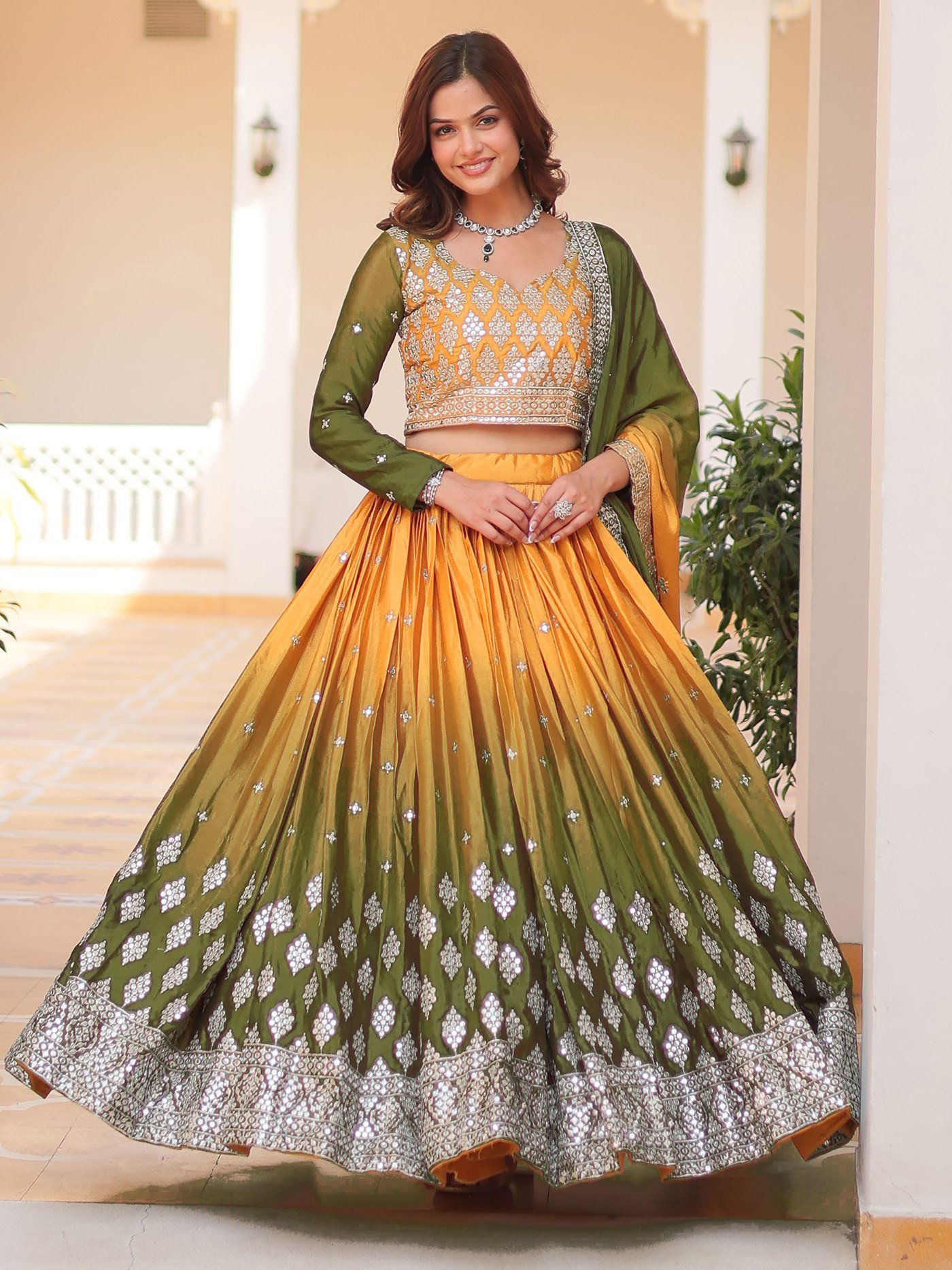 Embellished Semi-Stitched Chinon Lehenga Choli with Embroidered Dupatta & Full Sleeve Blouse