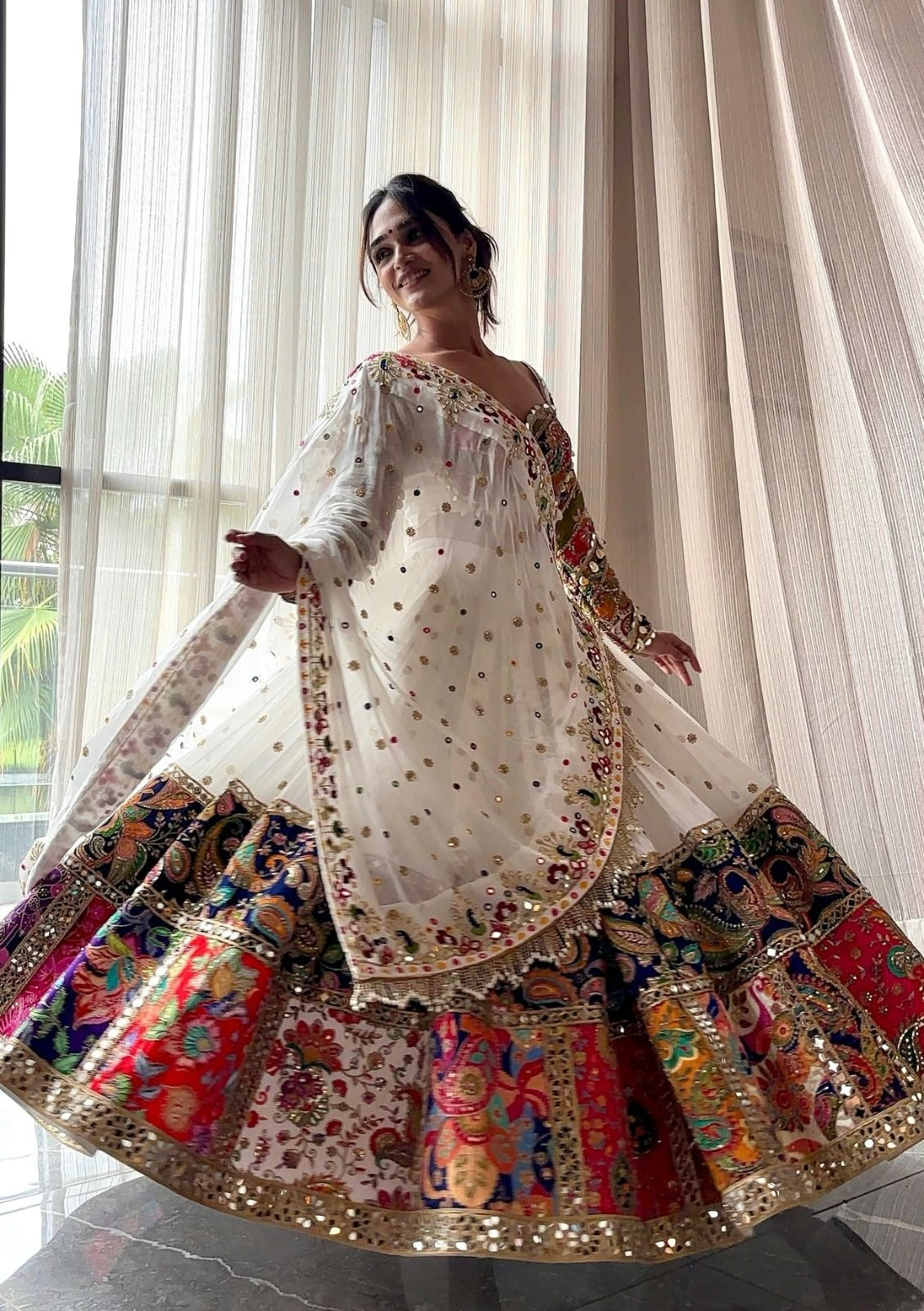 Premium Navratri Malai Satin Silk Lehenga Set | Mirror Work