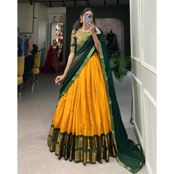 Embellished Yellow Jacquard Semi-Stitched Lehenga Choli with Embroidered Dupatta