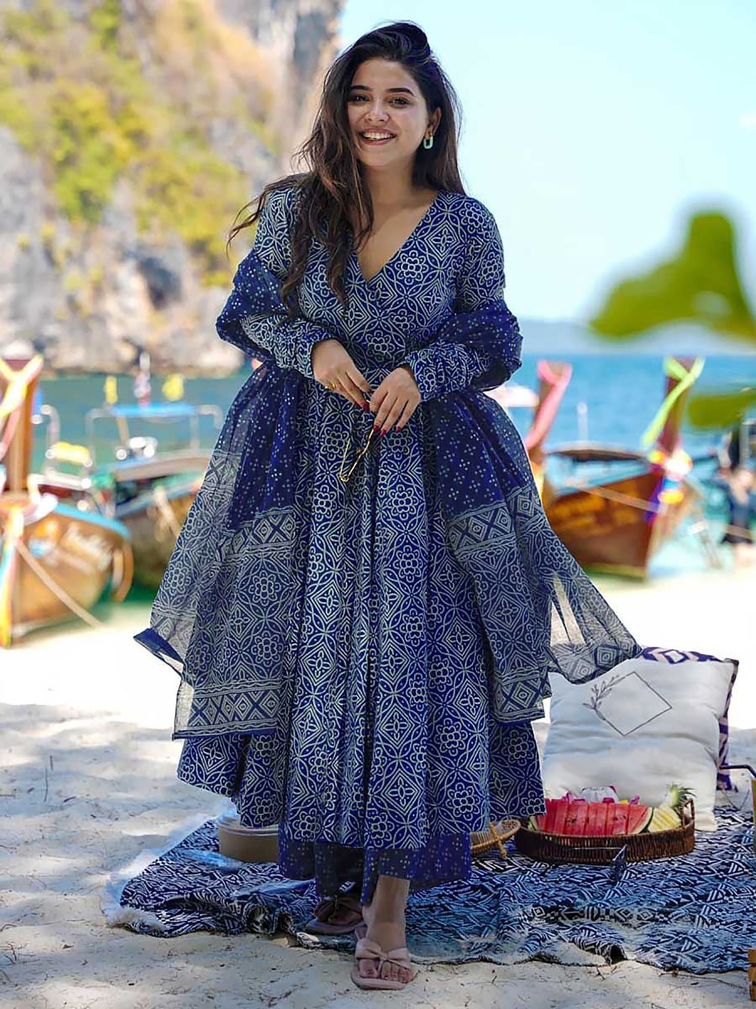 Royal Blue Printed Rayon Slub Anarkali Pant Dupatta Set for Women