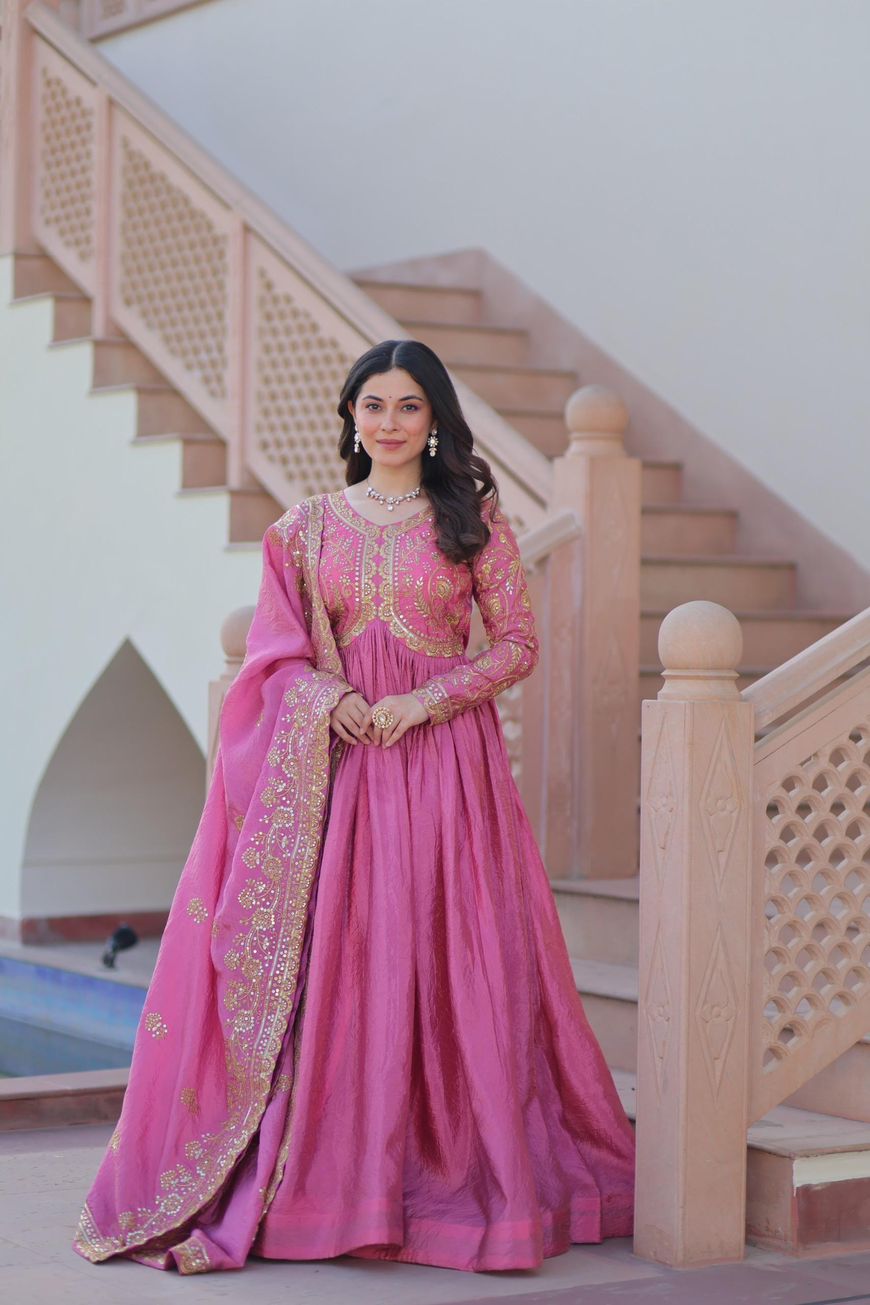 Elegant Gold Crush Sequins Embroidered Gown with Designer Dupatta for Women