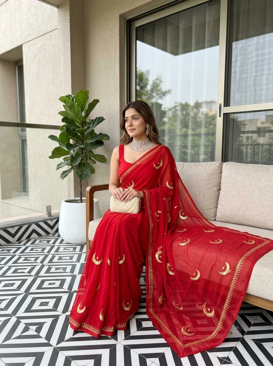Premium Royal Georgette Rajputi Darbari Saree – Red Sequence Work | 5.5 Meter