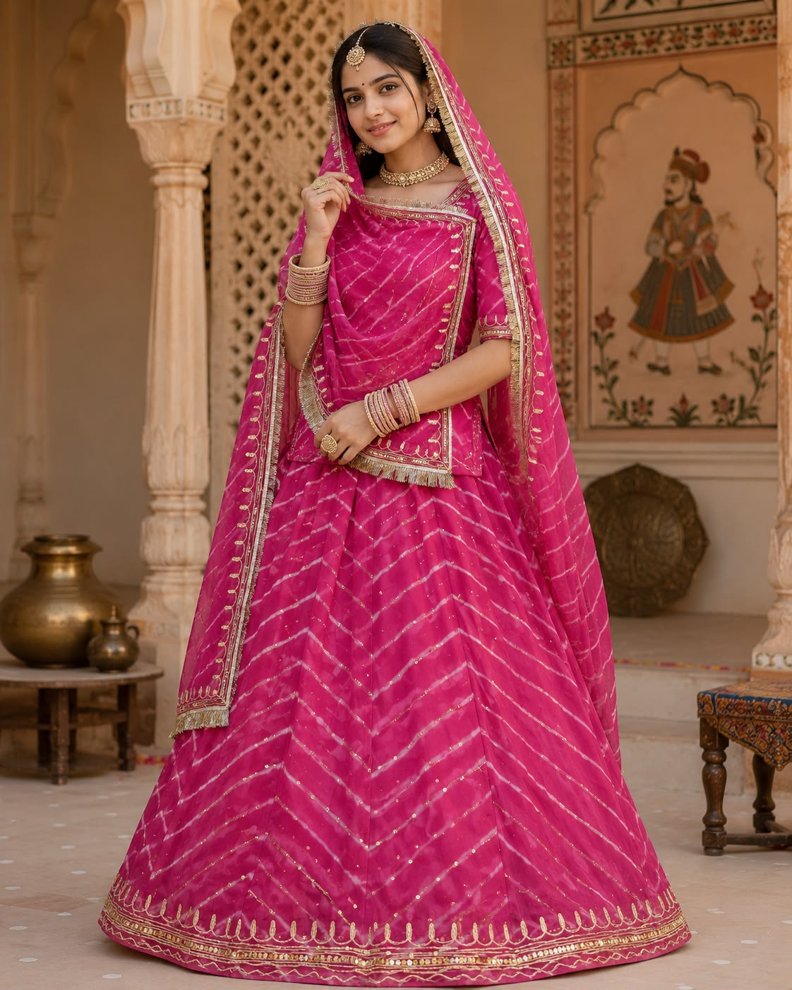 Designer Lehariya Poshak for Women – Humrahi Pure Fabric with Zari Kasab Work | Semi Stitch | Up to 3XL | Lehenga Kurti Kanchali & Odhani Set