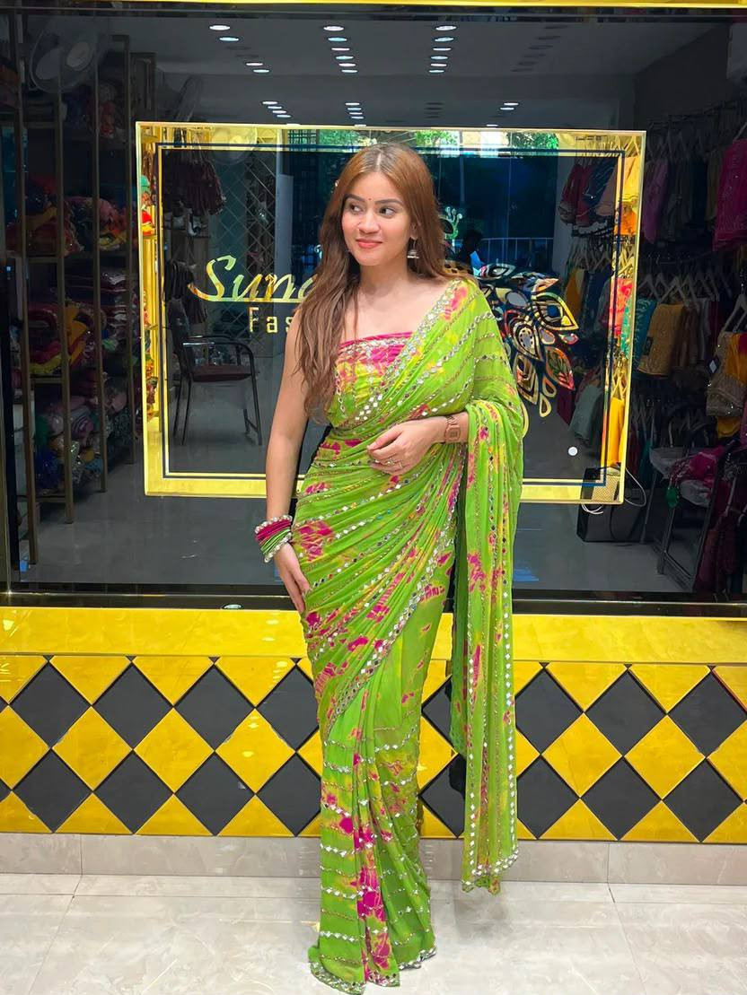 Faux Georgette Beads & Real Mirror Digital Print Saree