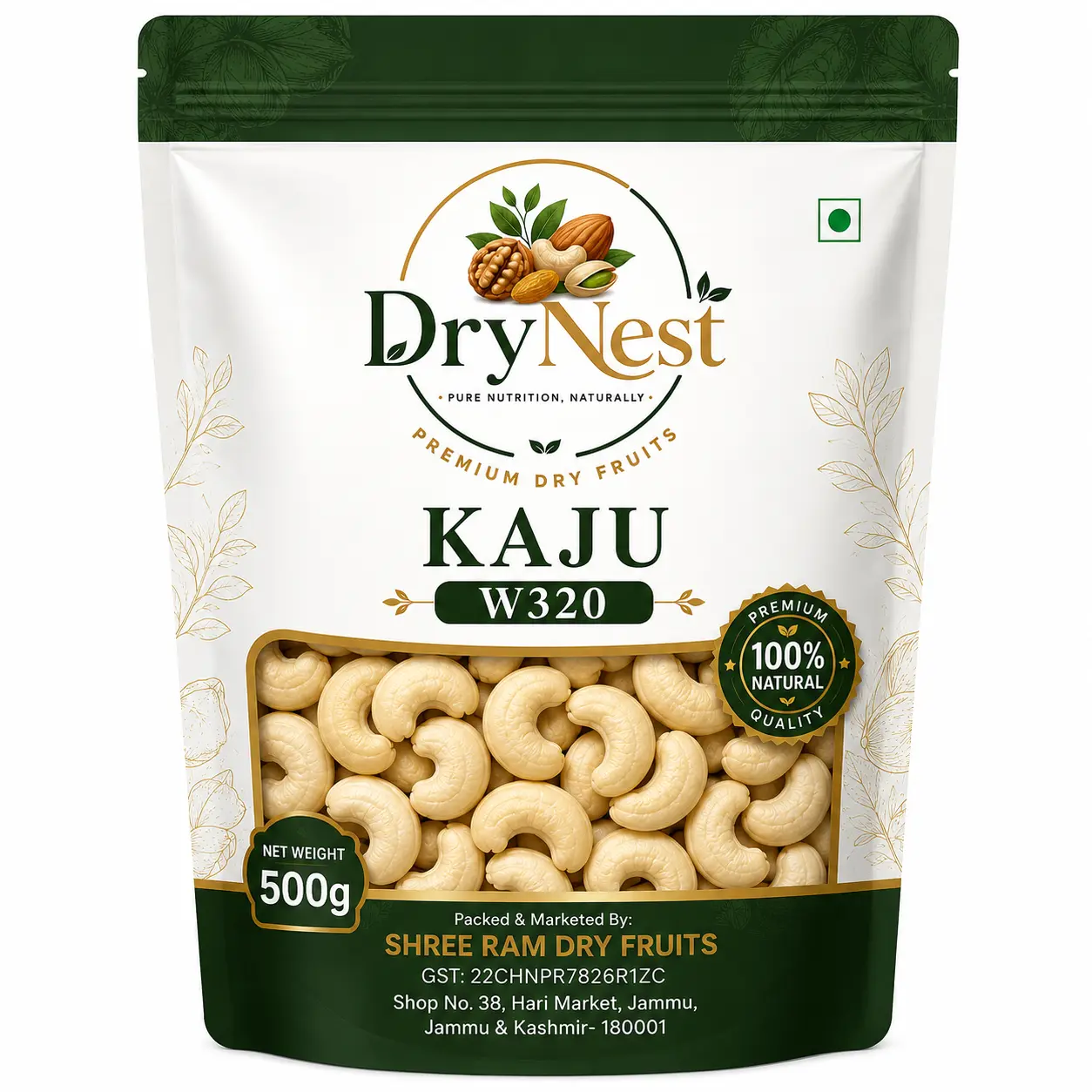 DryNest Premium W320 Cashew Nuts (Kaju) – 500g