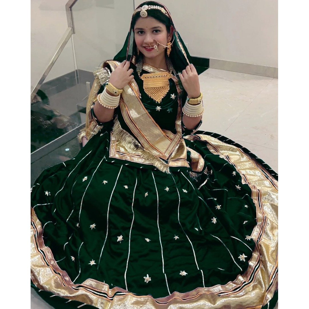 24 Kali Heavy Satin Green Poshak with Humrahi Pure Odhni, Rajasthani Gota & Butti Work