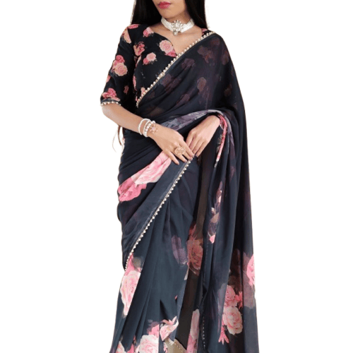 Georgette Printed Saree With Pearl Lace Boder