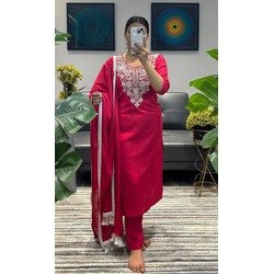 Premium Pink Cotton Silk Handwork Embroidered Kurta Pant Dupatta Set for Women