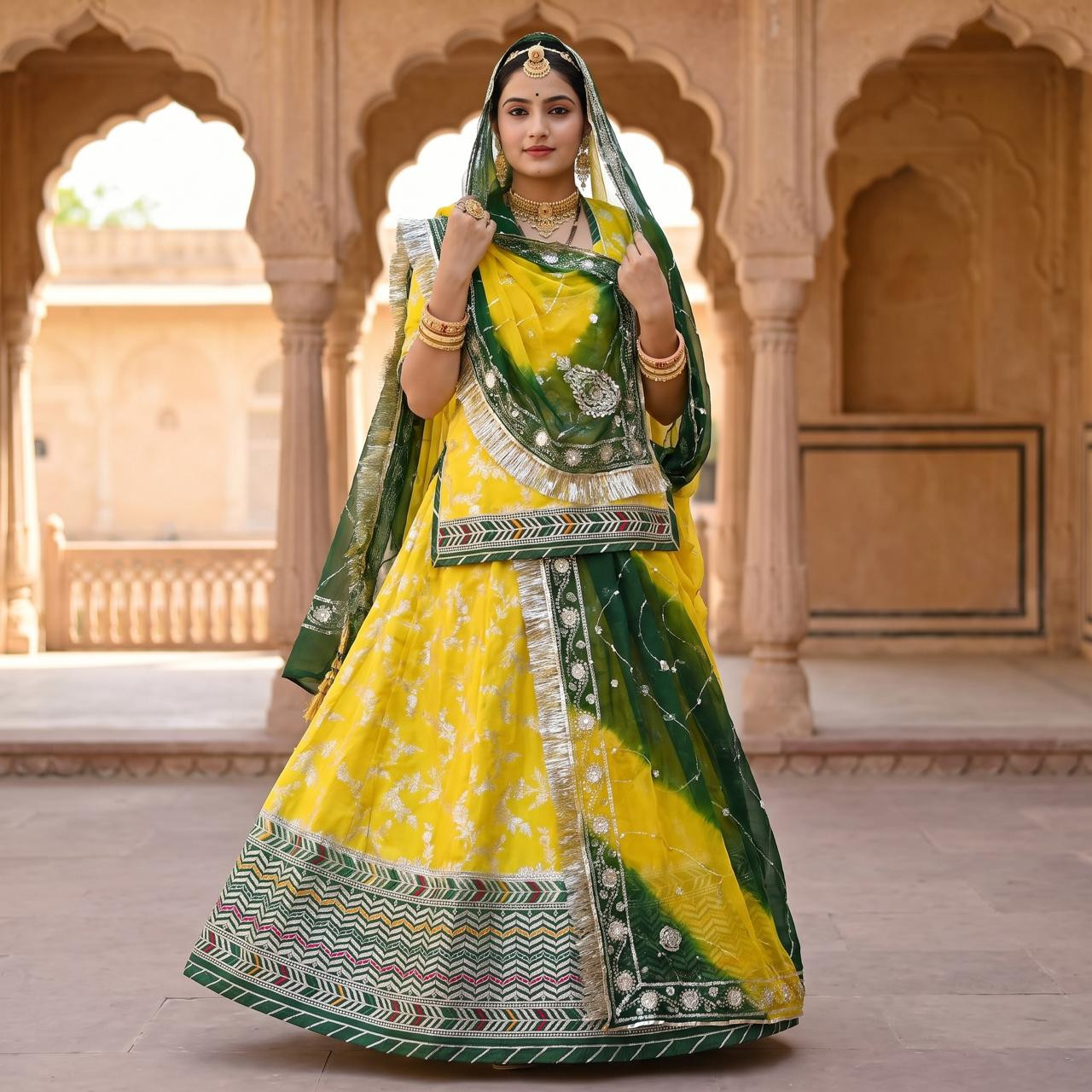 Heavy Banarasi Rajputi Poshak with Kashida Border Work & Japan Tora Odhani | Traditional Rajasthani Dress