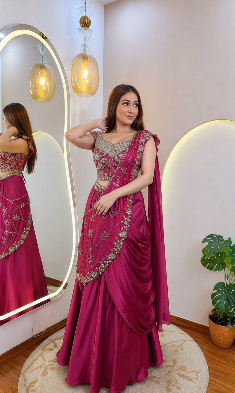 Premium Crepe Silk Embroidered Lehenga Style Saree with Ready-to-Wear Blouse | Indo-Western Party Wear Saree