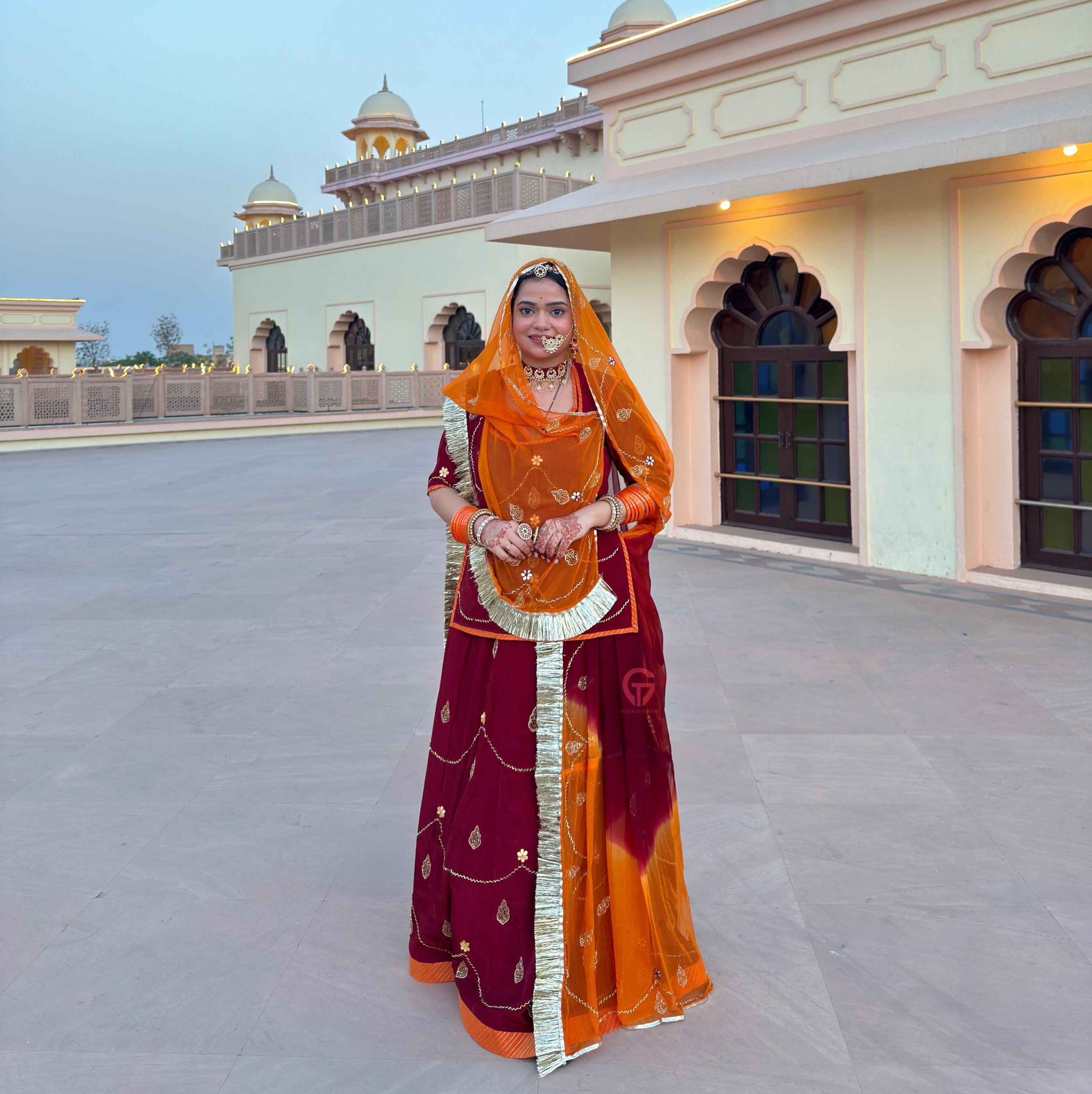 Branded Natural Crape Febric Humrahi Twotone With Gota Kiren Poshak