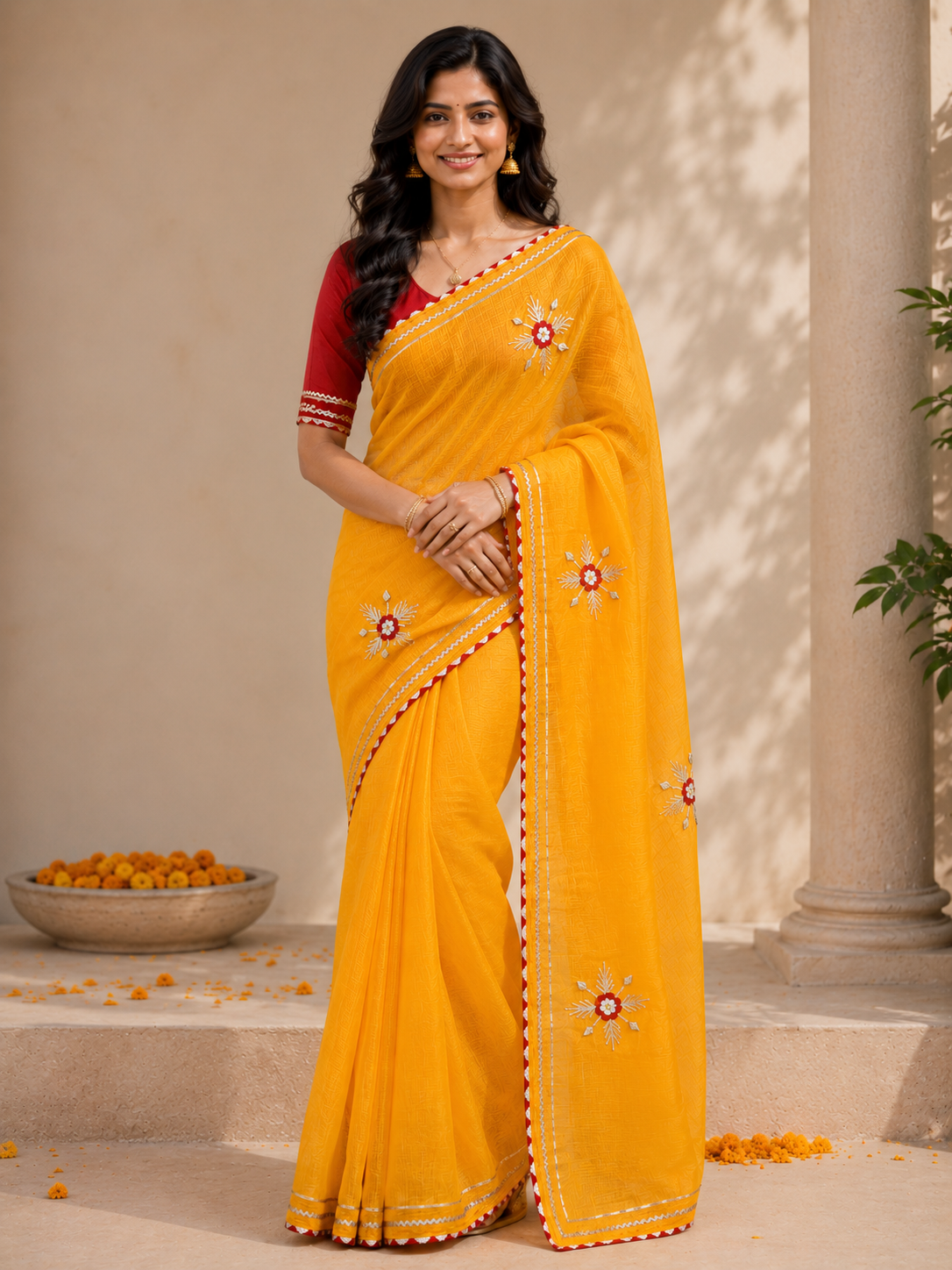 Yellow Kota Doriya Cotton Saree with Banglori Silk Blouse