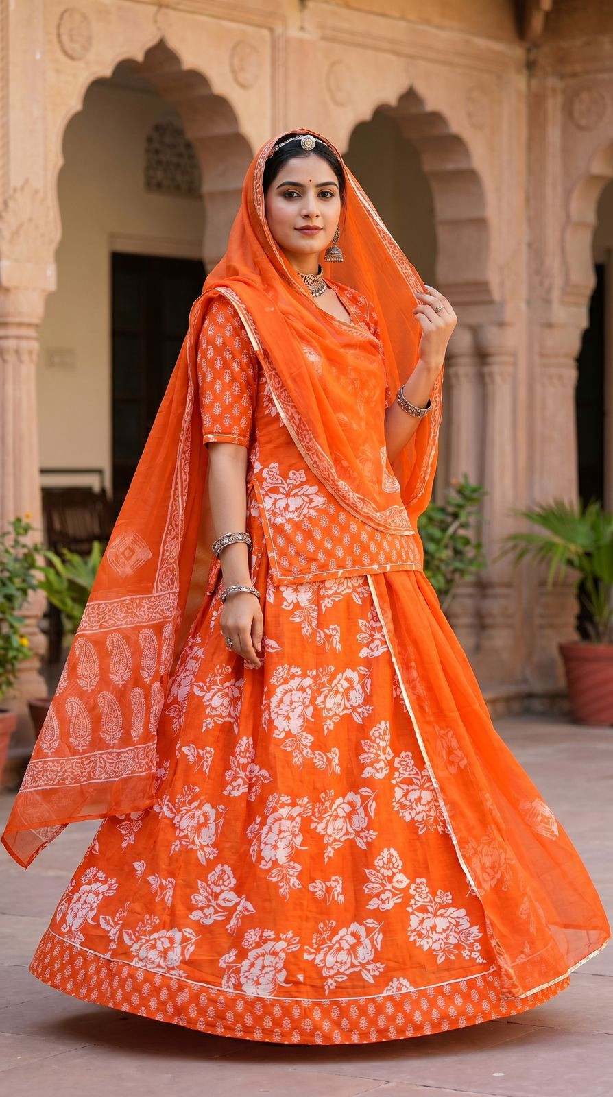 Daily Wear Summer Cotton Suit Poshak with Sarbati Cotton Odhna