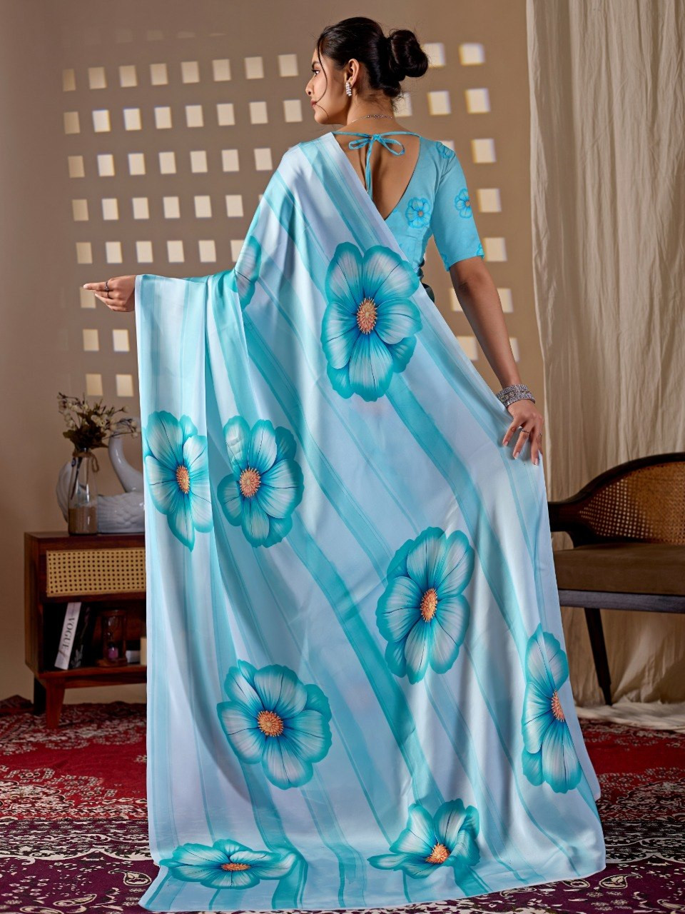 Sky Blue Floral Digital Print Satin Georgette Saree with Matching Blouse