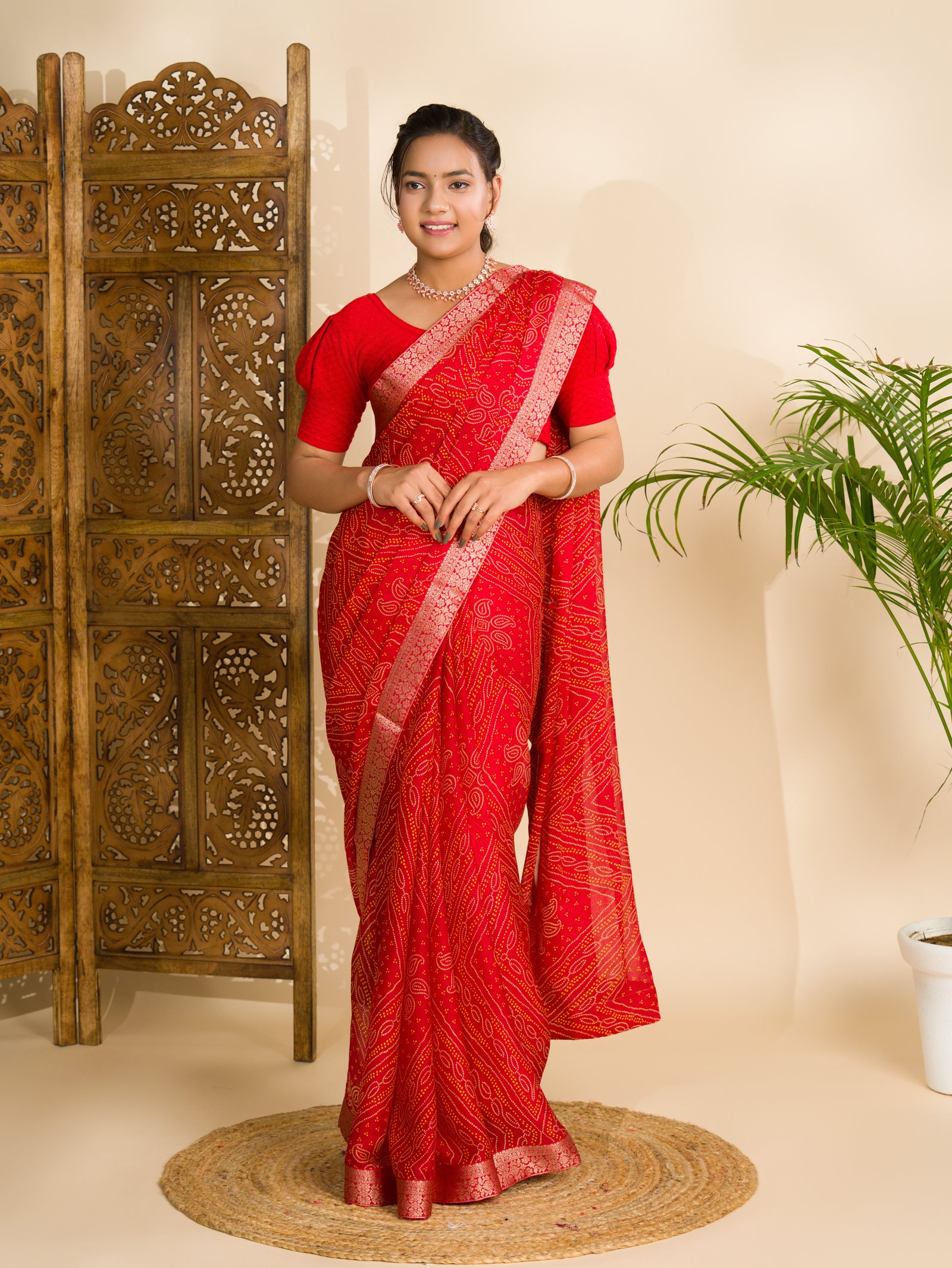 Beautiful Moss Chiffon Georgette Bandhani Sarees Red