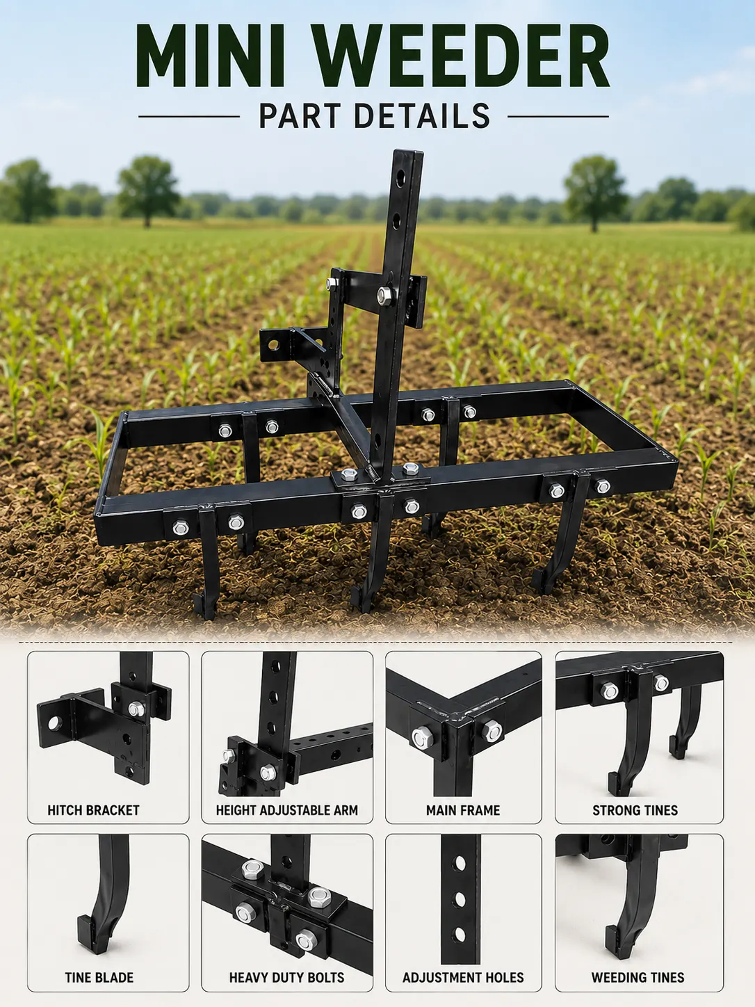 American Bulls 5 Tyne Heavy-Duty Cultivator Attachment for Power Weeder