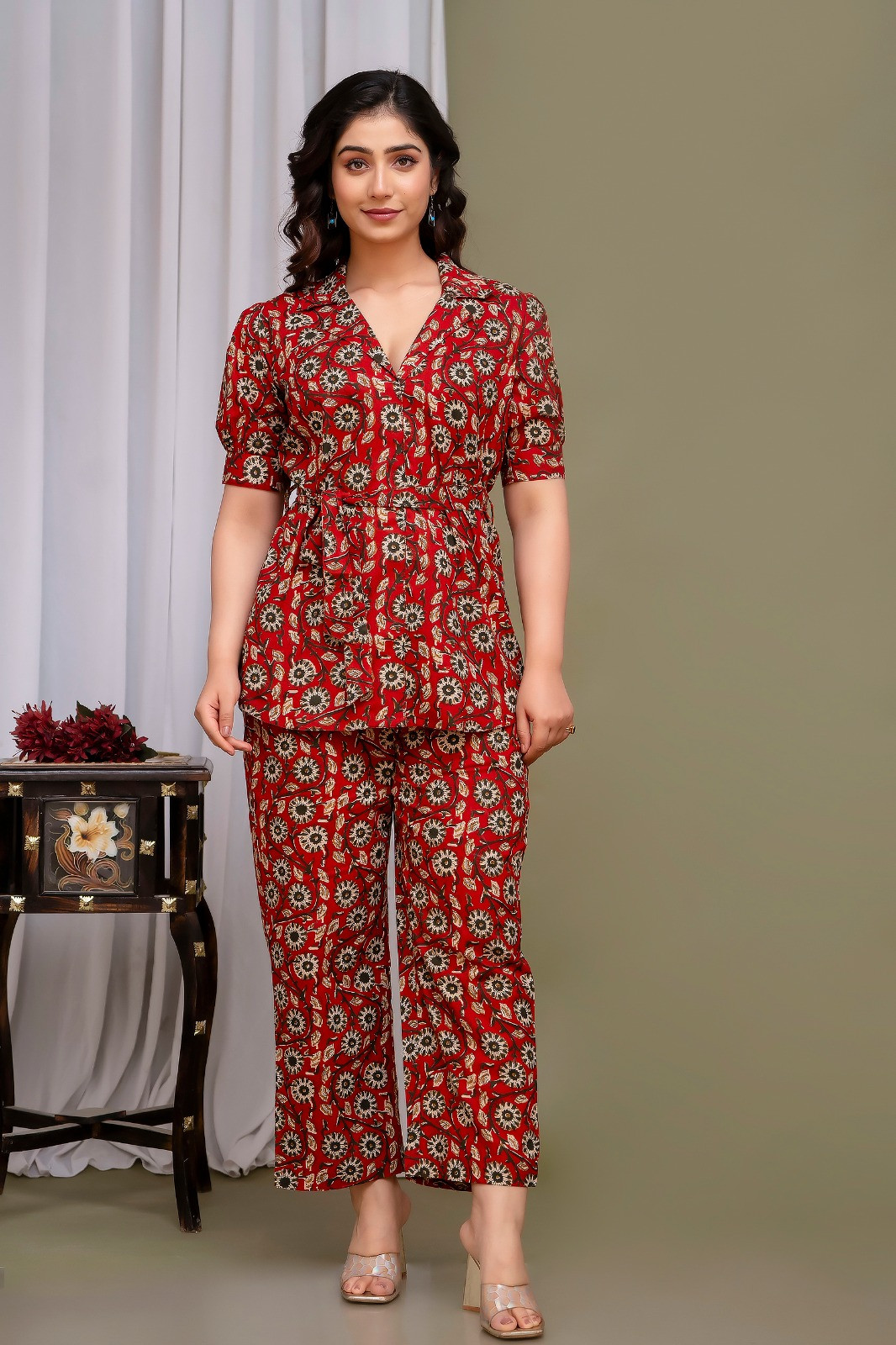 Women's Pure Cotton Maroon Coloured Floral Printed Co-ord Sets