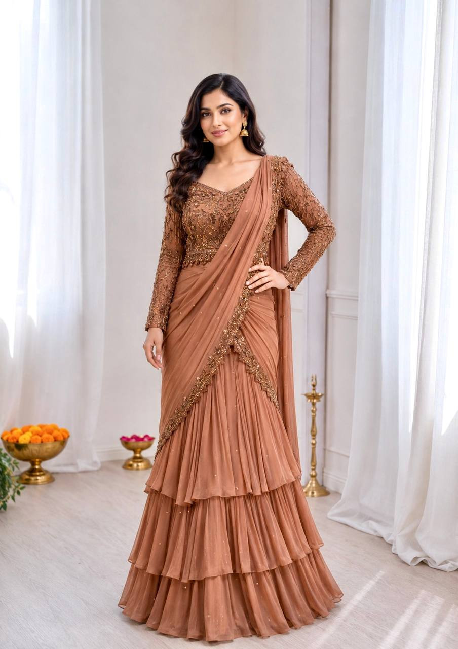 Premium Ready-to-Wear Lehenga Saree with Thread & Sequins Work | Faux Georgette | Unstitched Blouse
