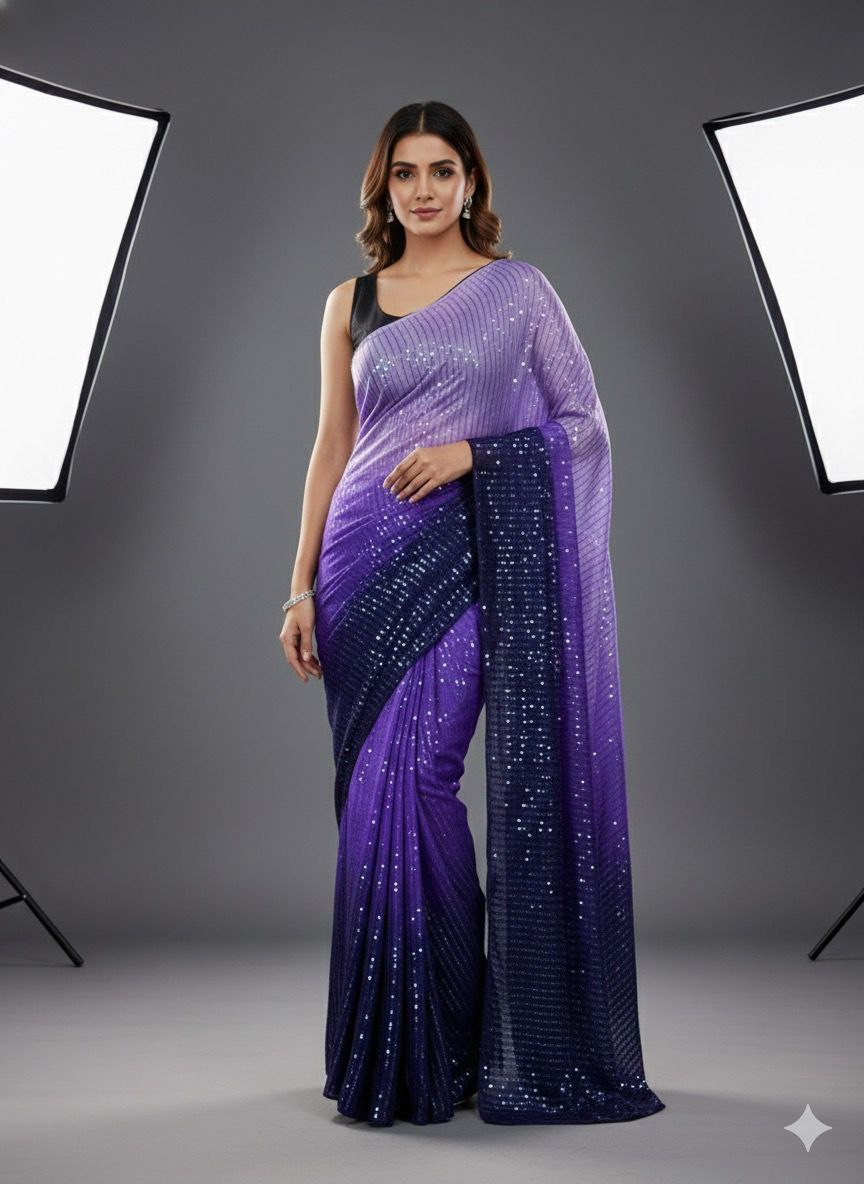 Premium Diamond Silk Saree with Digital Print & Heavy Sequins Work