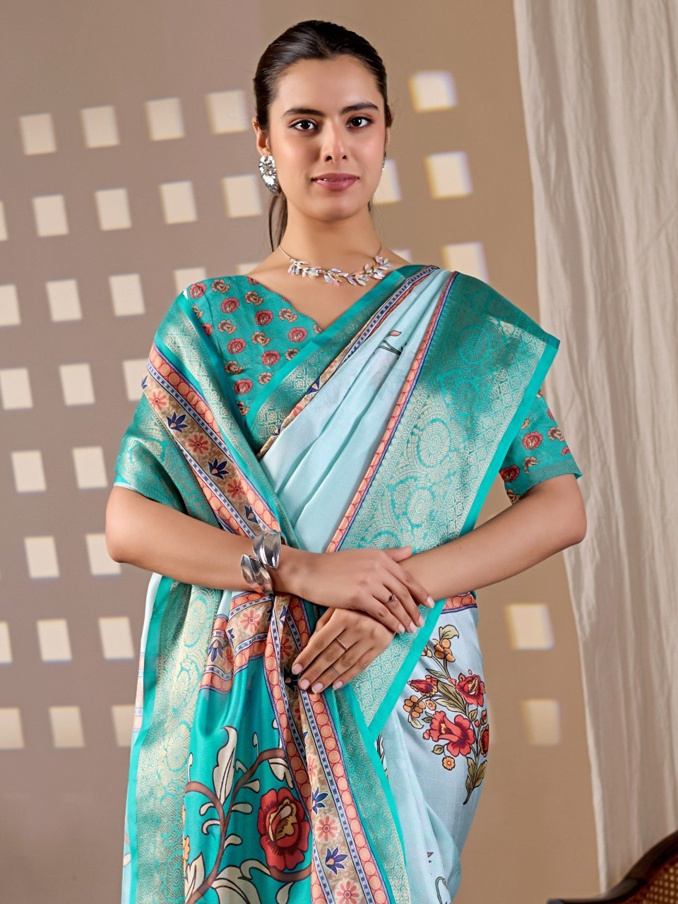Sky Blue Lichi Silk Saree | Floral Print | Rich Woven Border | Elegant Indian Saree