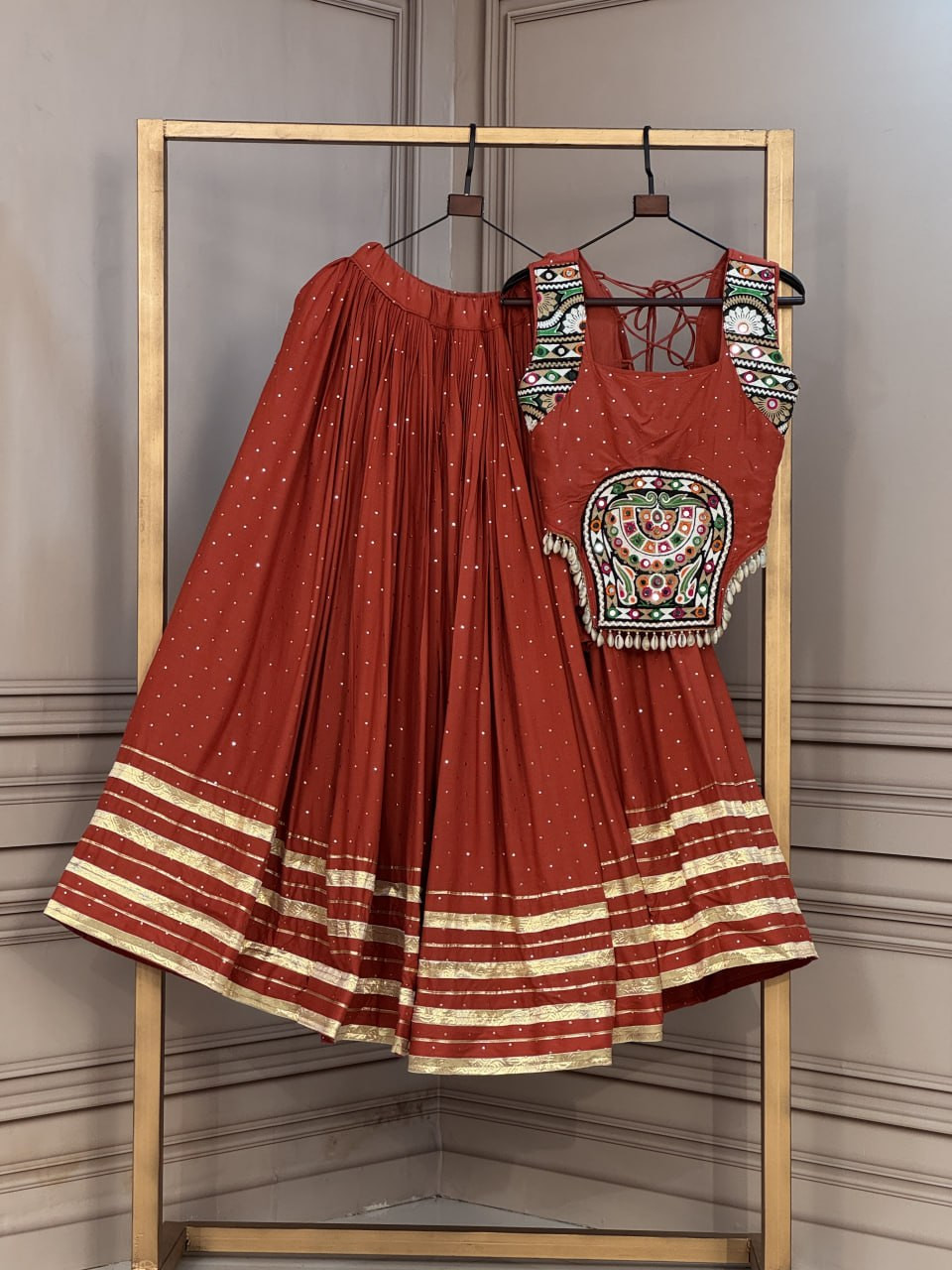 Navratri Special Reyon Mukesh Work Lehenga Choli with Gamthi Mirror Work
