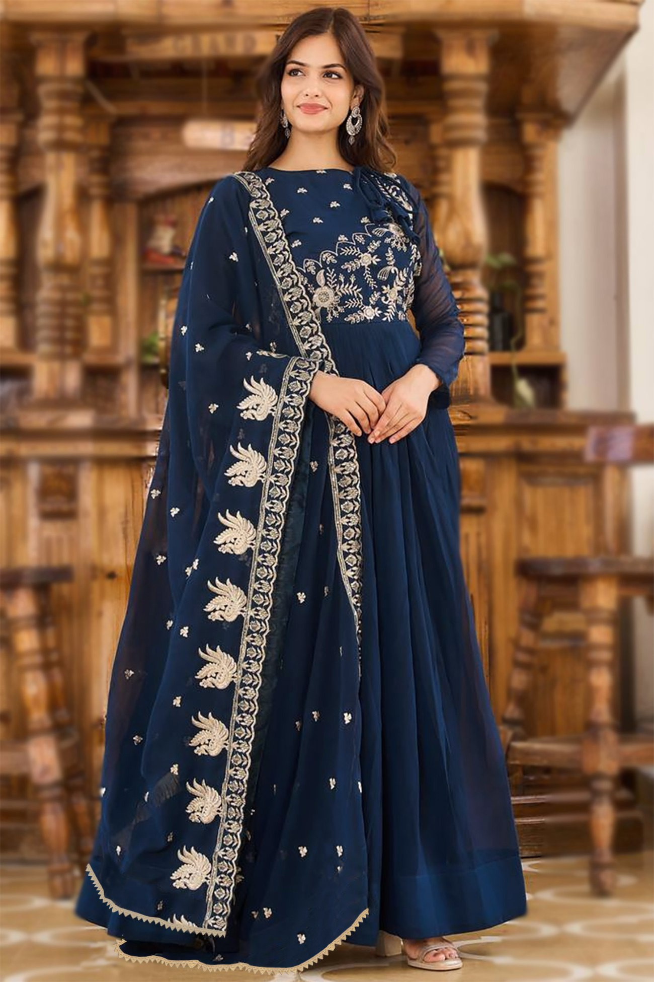 Embroidered Georgette Stitched Anarkali Gown with Dupatta – Cerulean Blue