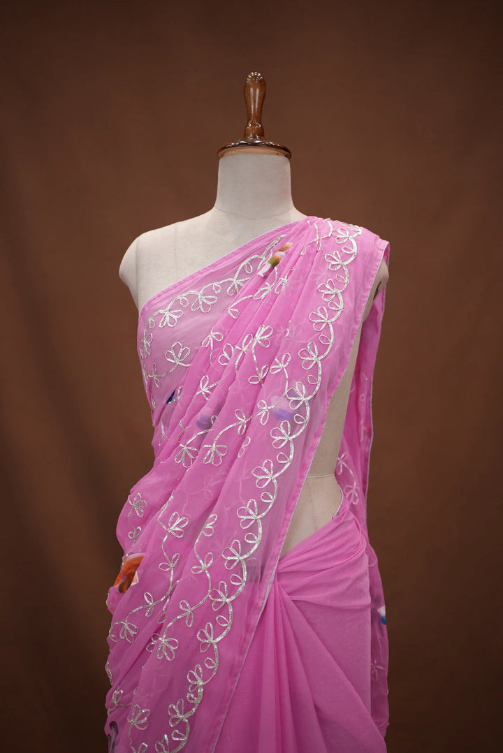 Kacchi Gota Patti Work Chiffon Rajputi Saree with Jaal Pattern & Blouse